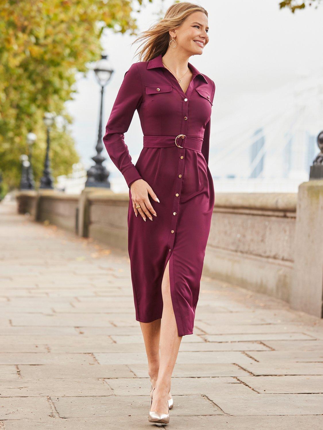 Product image 2 of 5, which shows Sosandar Utility Shirt Dress, Burgundy, 8