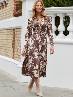 Sosandar Satin Floral Midi Shirt Dress, Coffee/Cream, Coffee/Cream