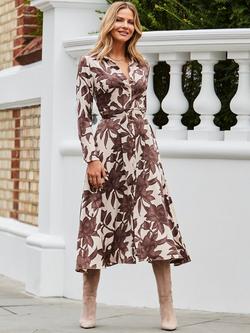 Sosandar Satin Floral Midi Shirt Dress, Coffee/Cream - view 2, Coffee/Cream