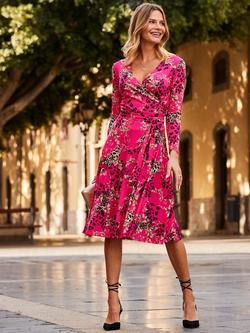 Sosandar Leopard Floral Wrap Jersey Midi Dress, Pink/Multi - view 2, Pink/Multi