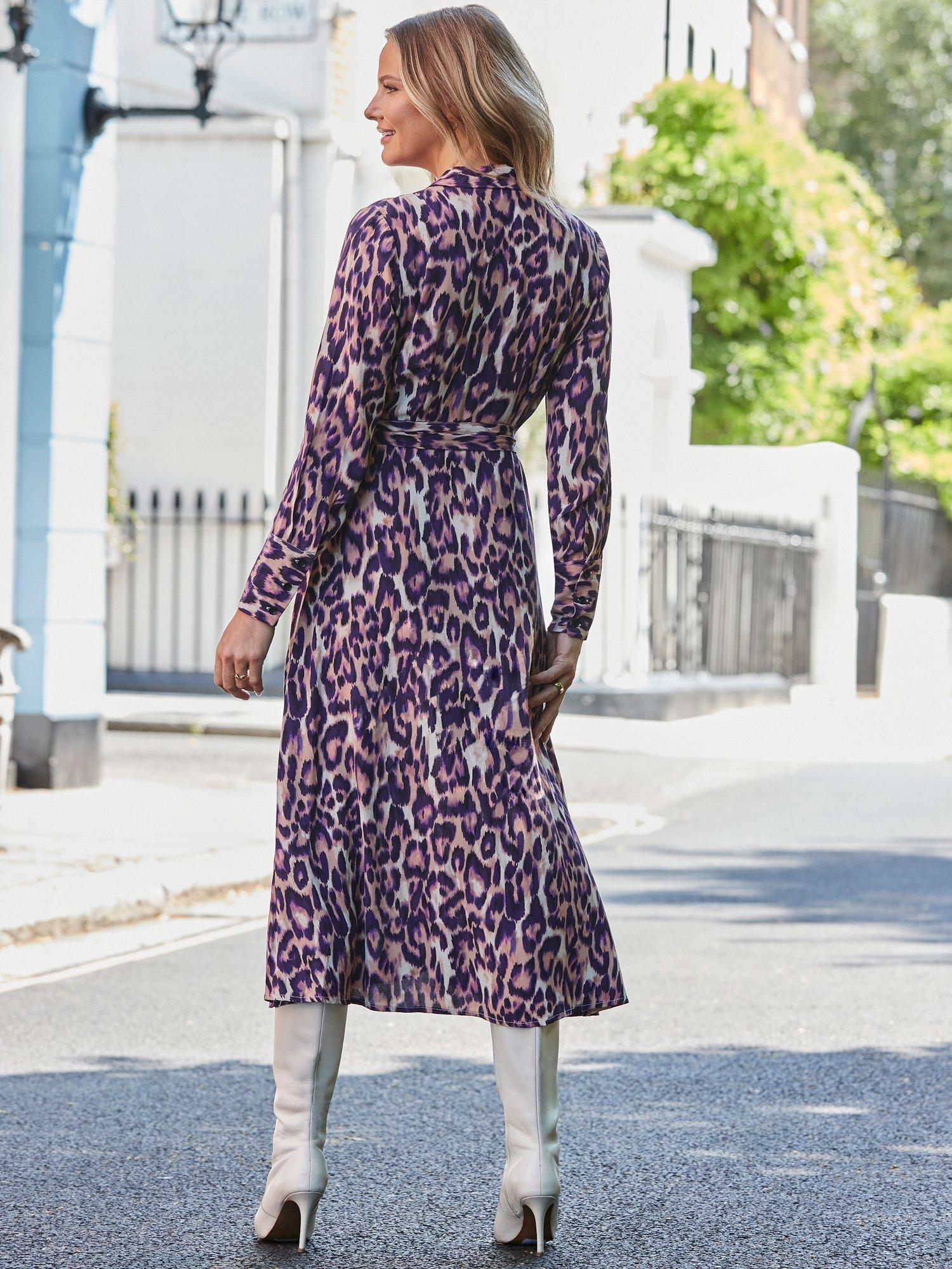 Product image 4 of 7, which shows Sosandar Leopard Print Midi Shirt Dress, Purple, 16