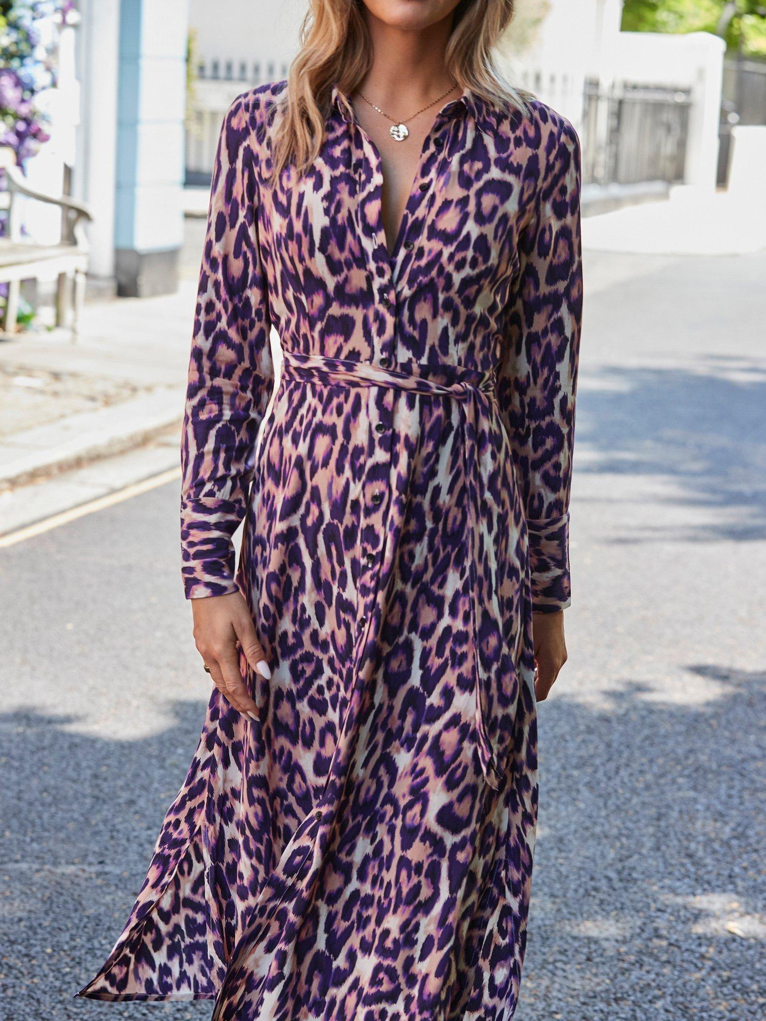 Product image 6 of 7, which shows Sosandar Leopard Print Midi Shirt Dress, Purple, 16