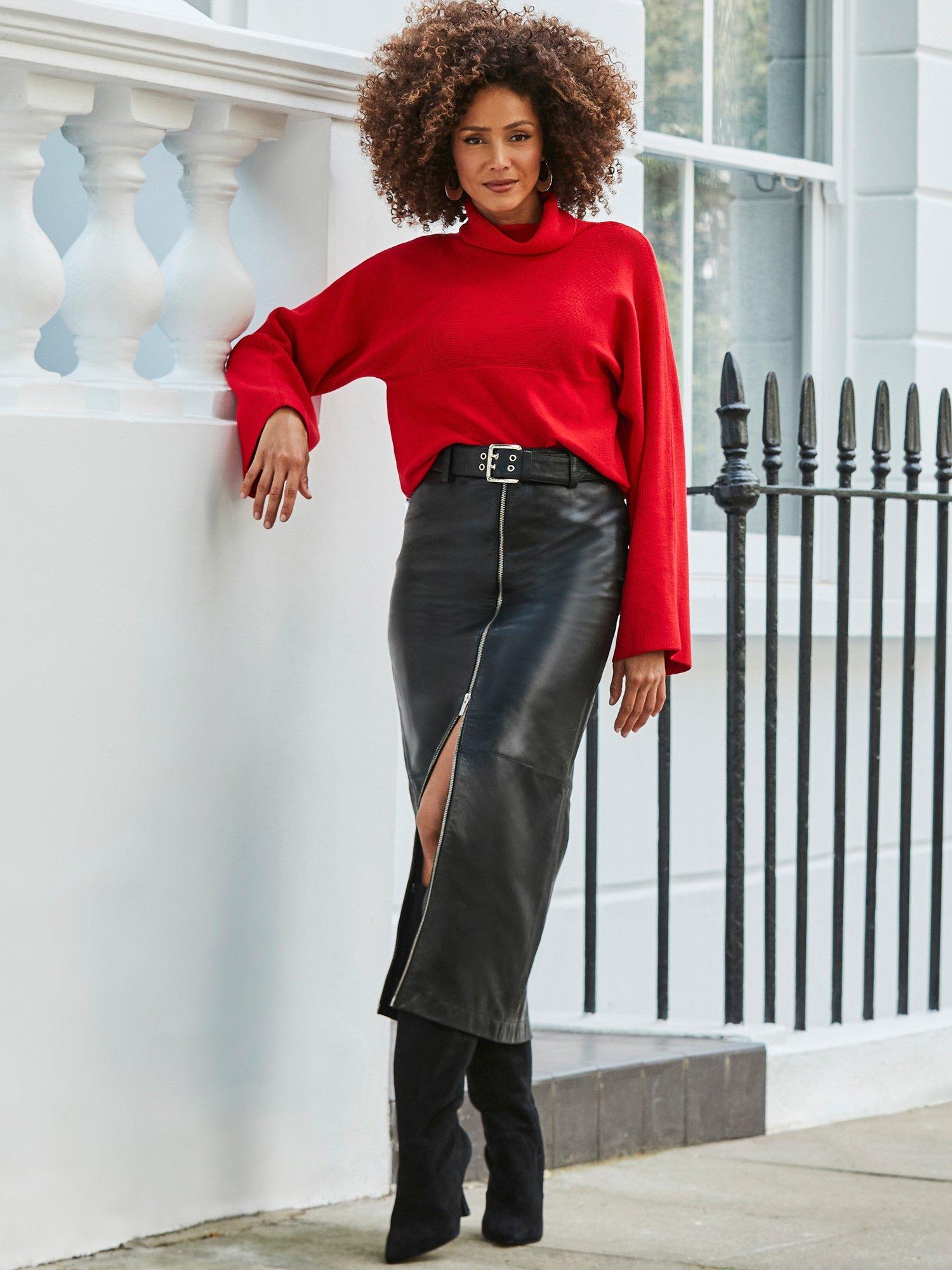 Sosandar Zip Front Leather Skirt, Black