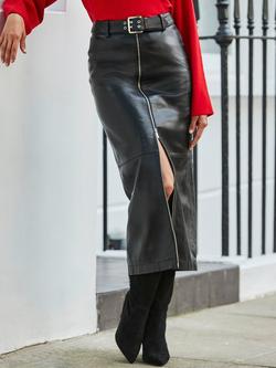 Sosandar Zip Front Leather Skirt, Black - view 2, Black