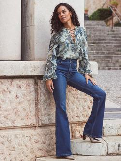 Sosandar Floral Print Metallic Stripe Blouse, Green - view 2, Green