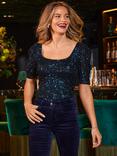 Sosandar Sequin Gathered Sleeve Top, Midnight Blue