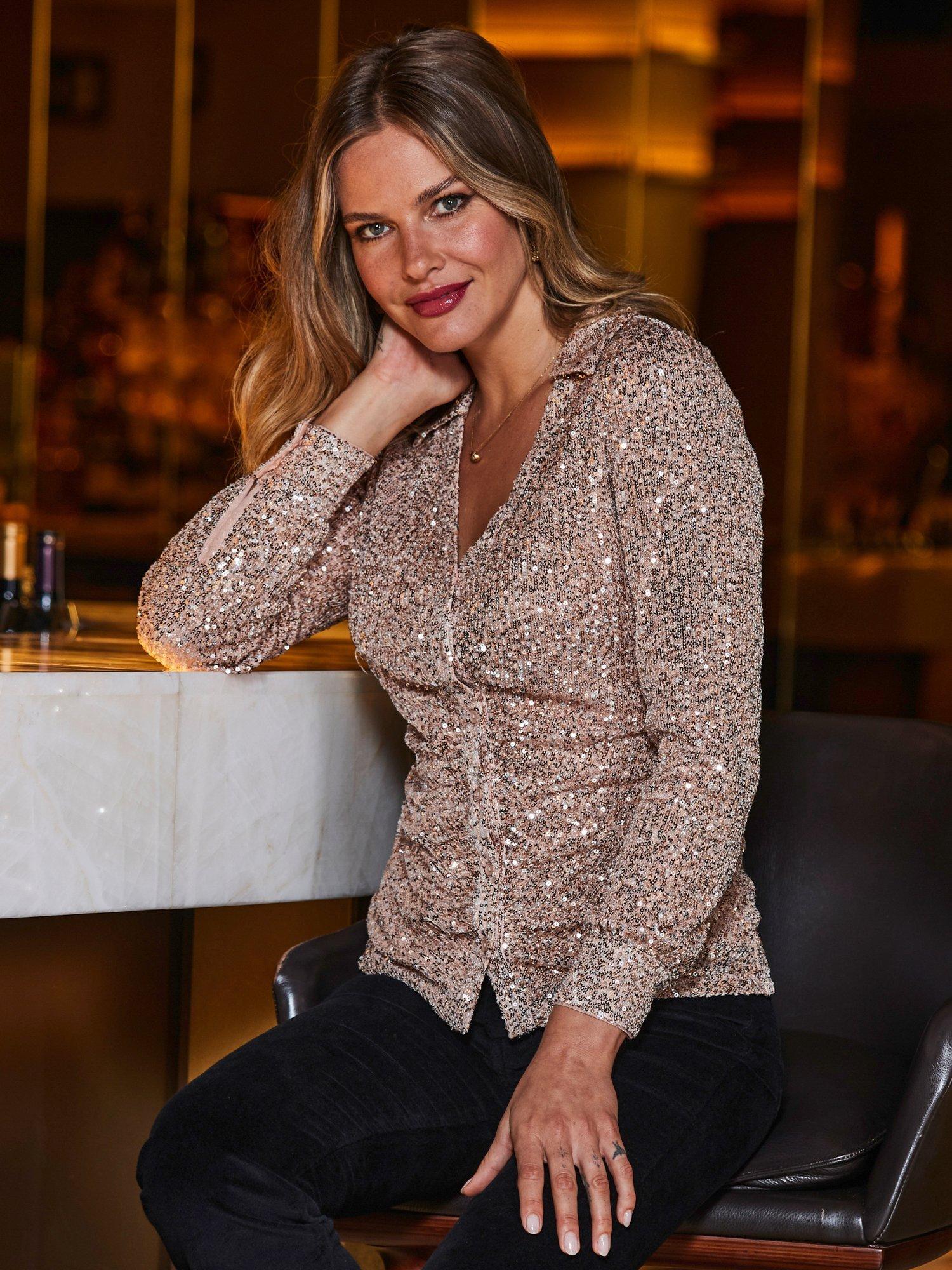 Product image 1 of 4, which shows Sosandar Sequin Ruched Front Shirt, Rose Gold, 6
