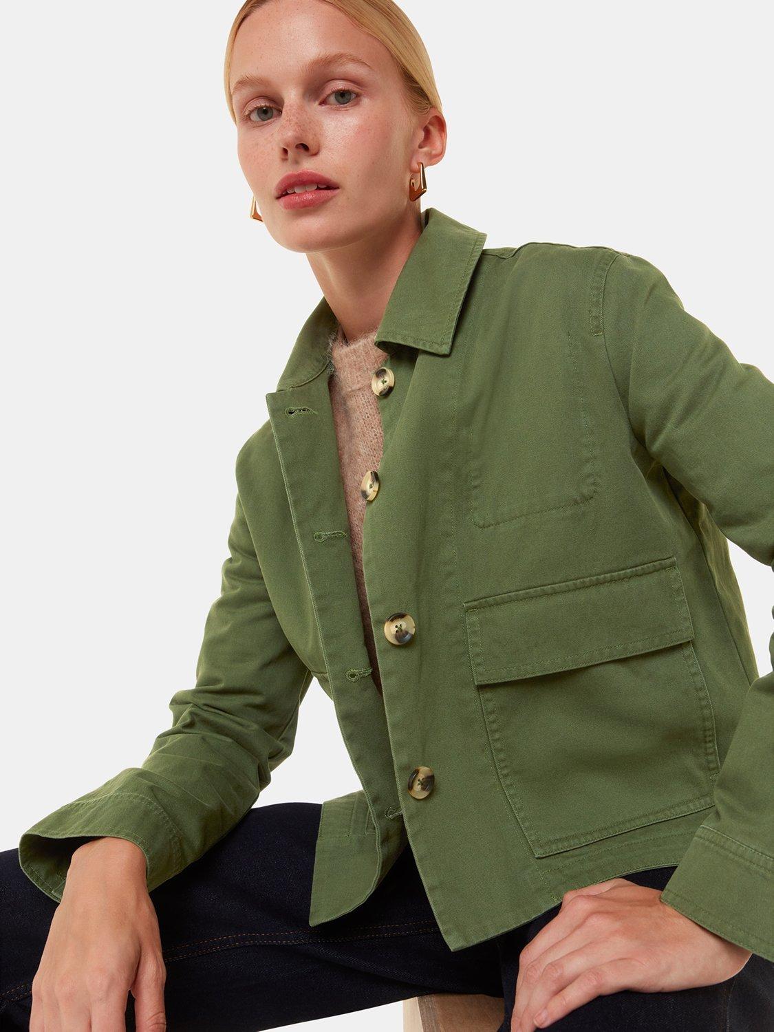 Product image 1 of 6, which shows Whistles Marie Short Cotton Jacket, Dark Green, 6