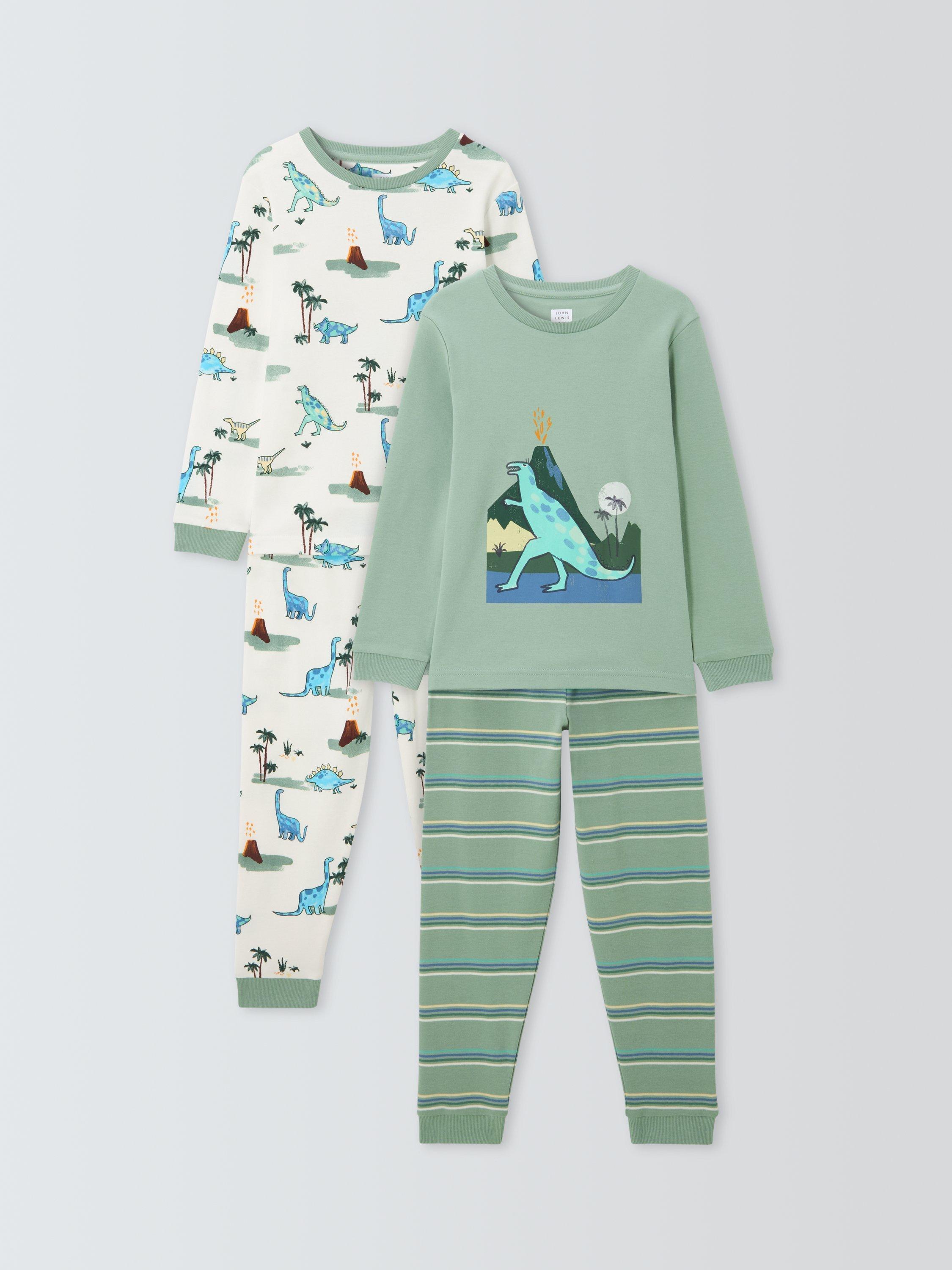 Product image 1 of 6, which shows John Lewis Kids' Dinosaur Long Sleeve Pyjamas, Pack of 2, Green, 9 years