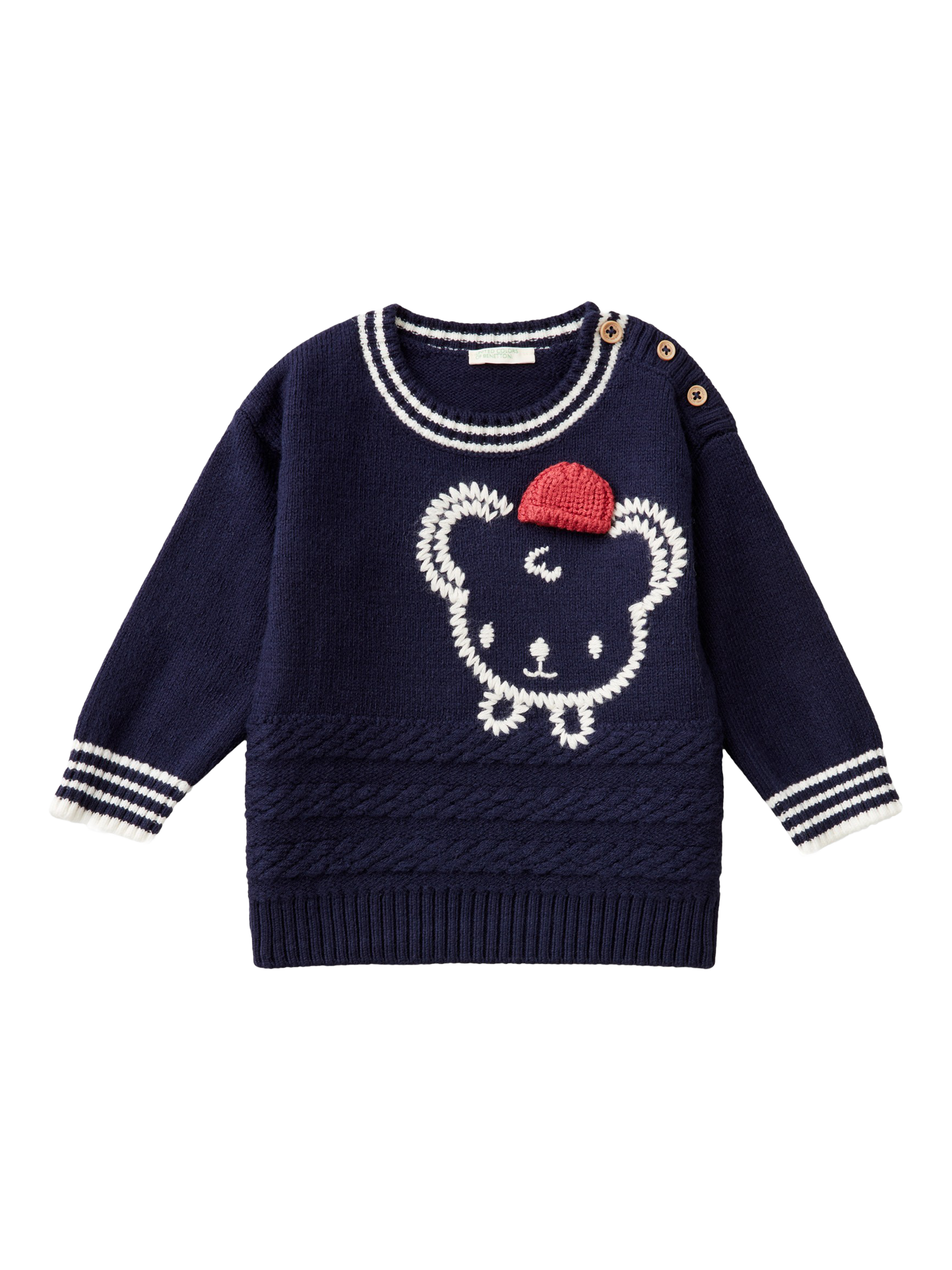 Product image 1 of 3, which shows Benetton Baby Stitch Print Jumper, Navy, 6-9 months