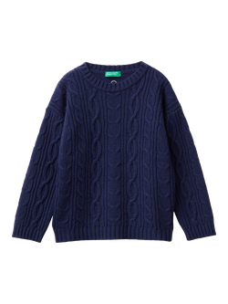 Benetton Kids' Wool Blend Cable Knit Jumper, Navy