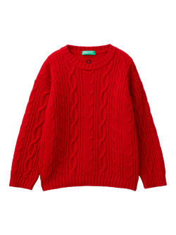 Benetton Kids' Wool Blend Cable Knit Jumper, Red