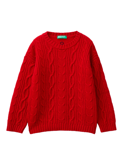 Benetton Kids' Wool Blend Cable Knit Jumper, Red