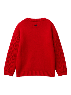 Benetton Kids' Wool Blend Cable Knit Jumper - view 2, Red