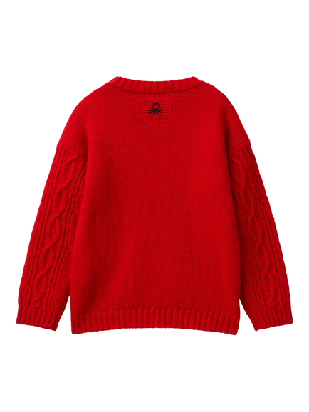 Benetton Kids' Wool Blend Cable Knit Jumper - view 2, Red
