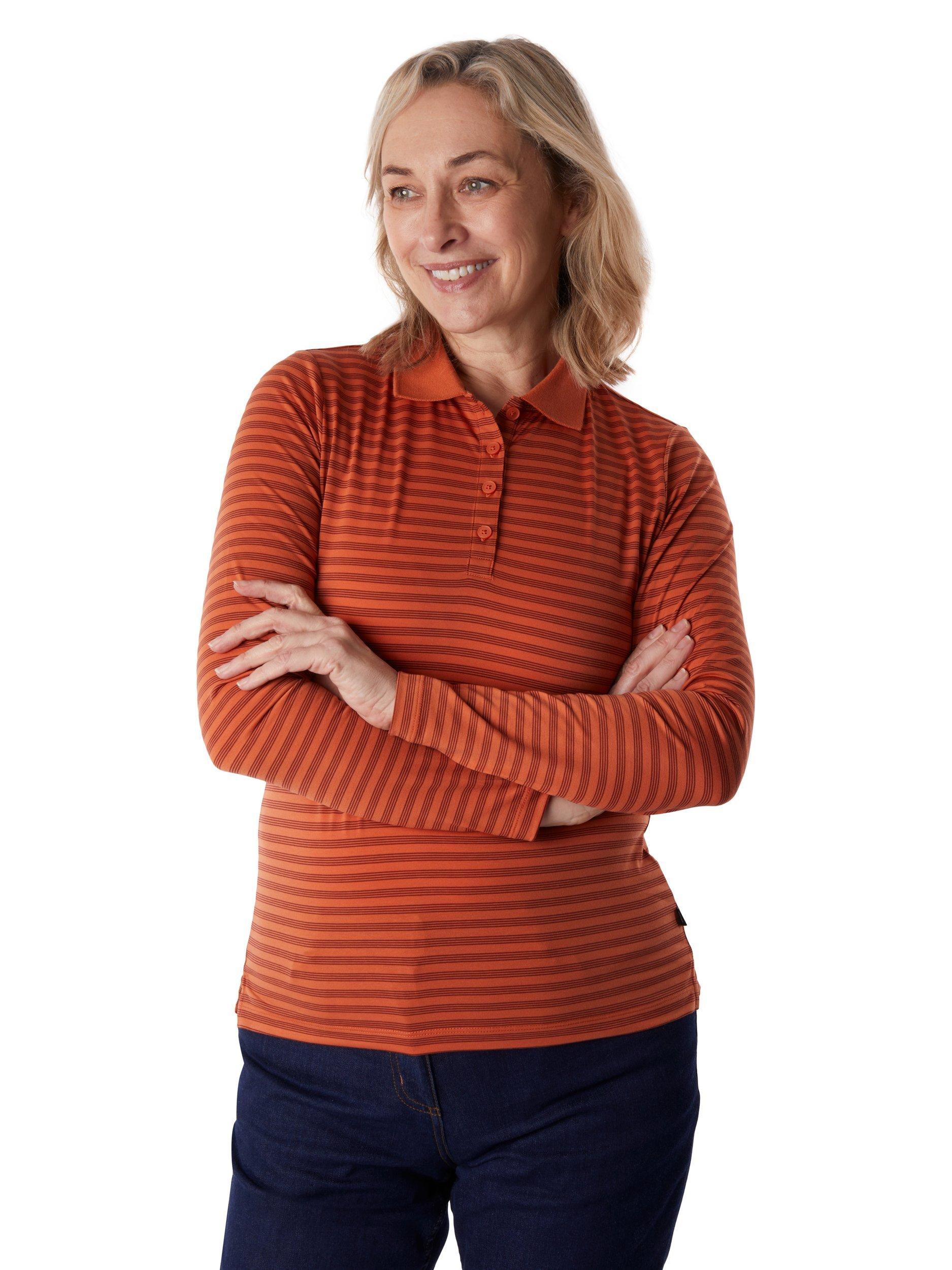 Rohan Shoreline Long Sleeve Polo Shirt, Dusk Orange/Red Stripe