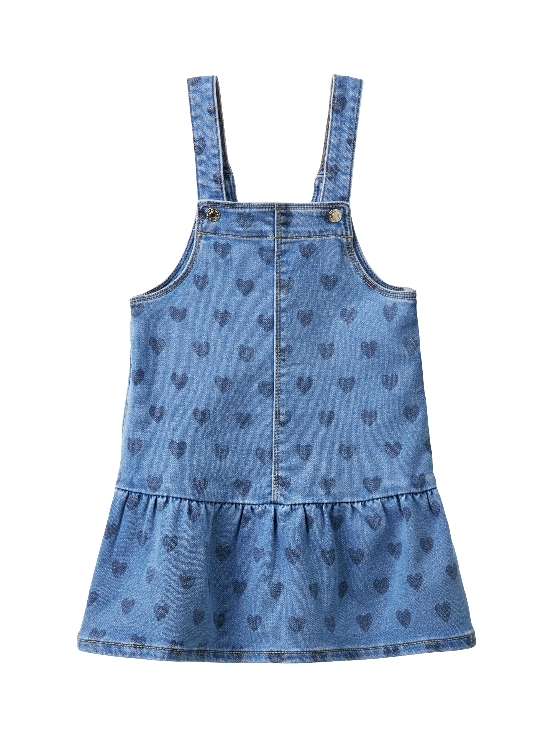Benetton Kids' Heart Print Denim Pinafore Dress, Blue