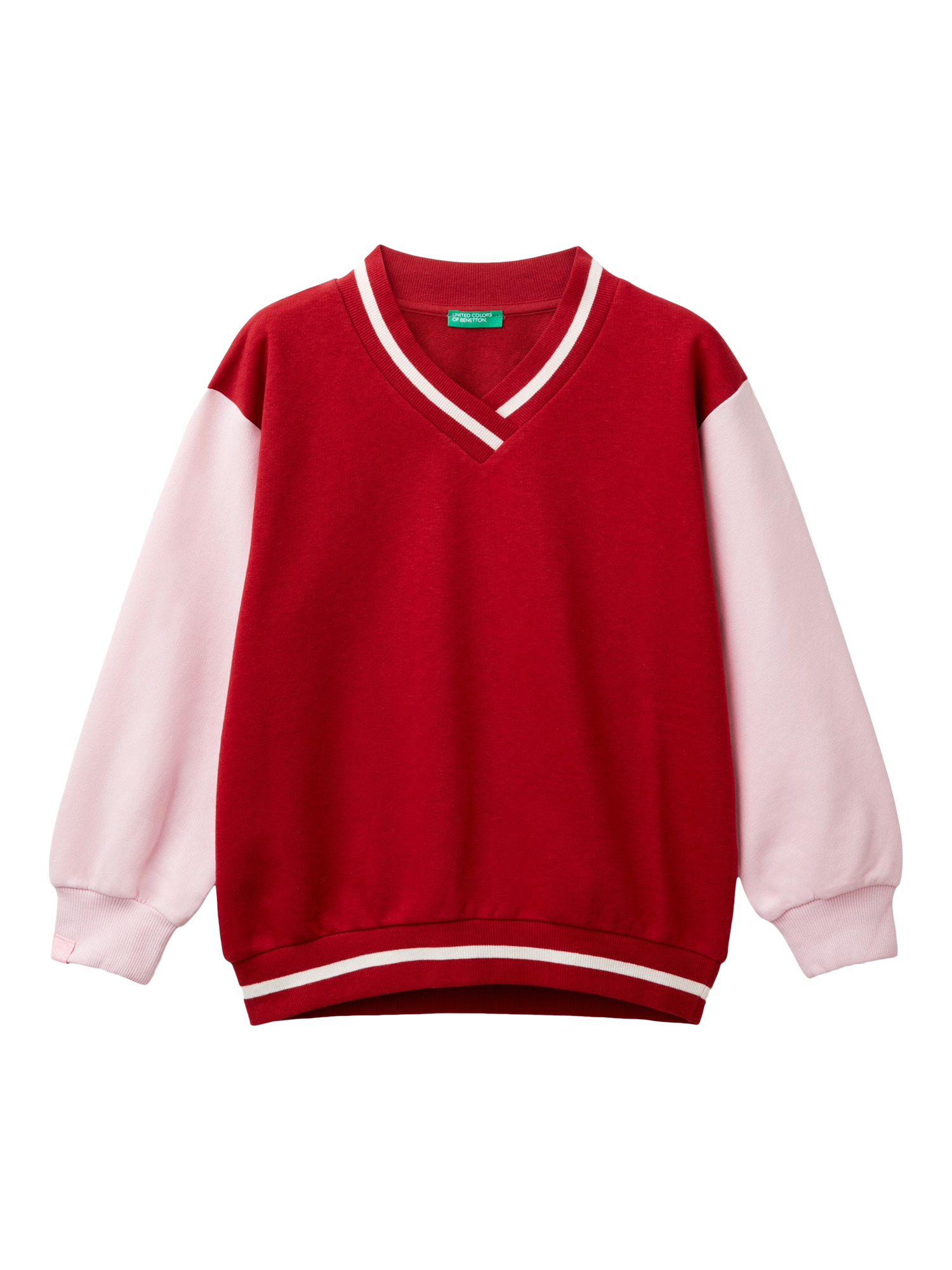 Benetton Kids' Colour Block V-Neck Sweatshirt, Red/Pink