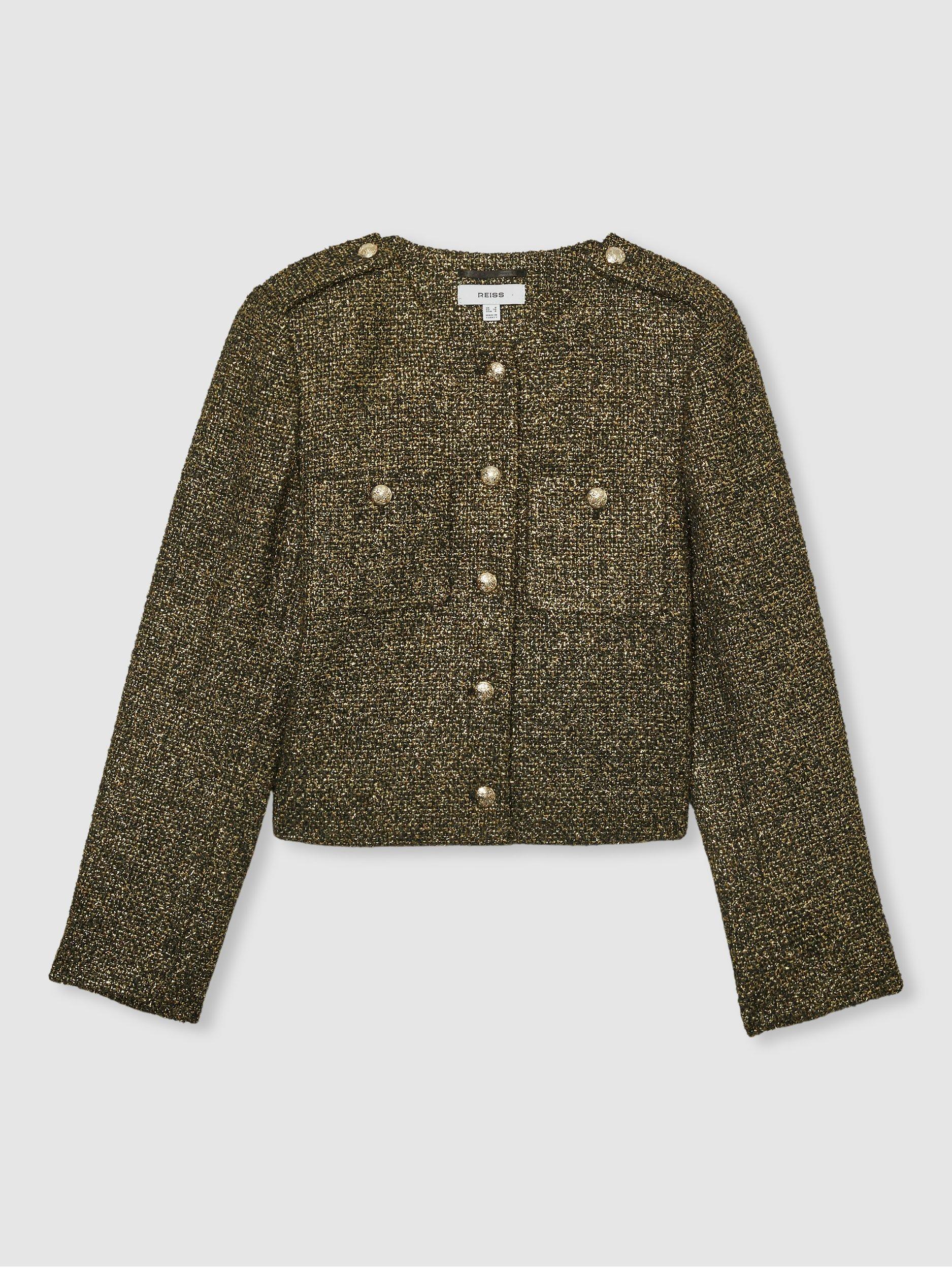【海外限定】REISSジャケット☆Wynee llic Knit Cropped Jac ウールシルクシャークスキン 1釦ノーカラージャケット(71113805