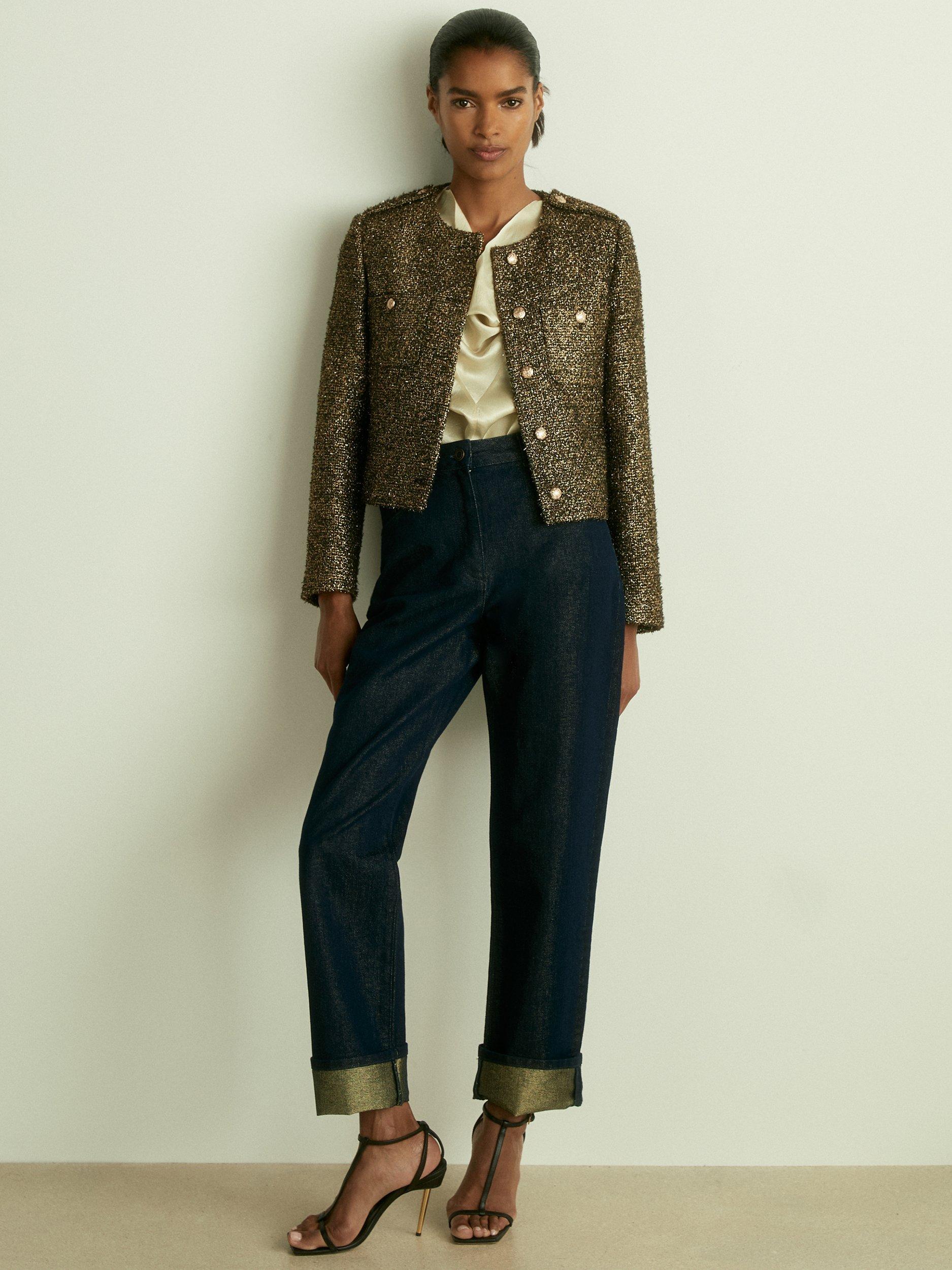 【海外限定】REISSジャケット☆Wynee llic Knit Cropped Jac Reiss Wynee Metallic Jacket, Gold