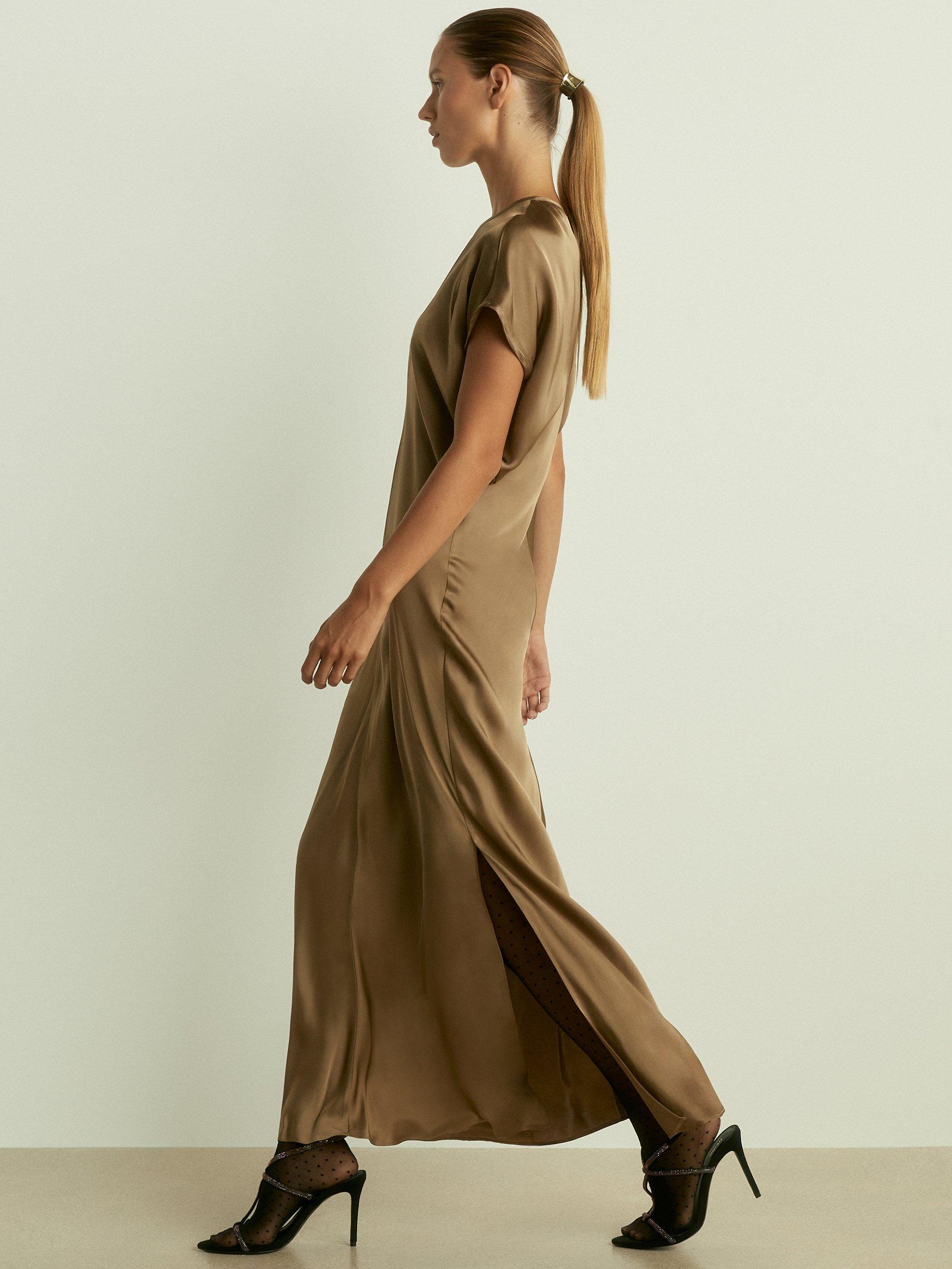 Reiss Kora Satin Midi Dress, Khaki