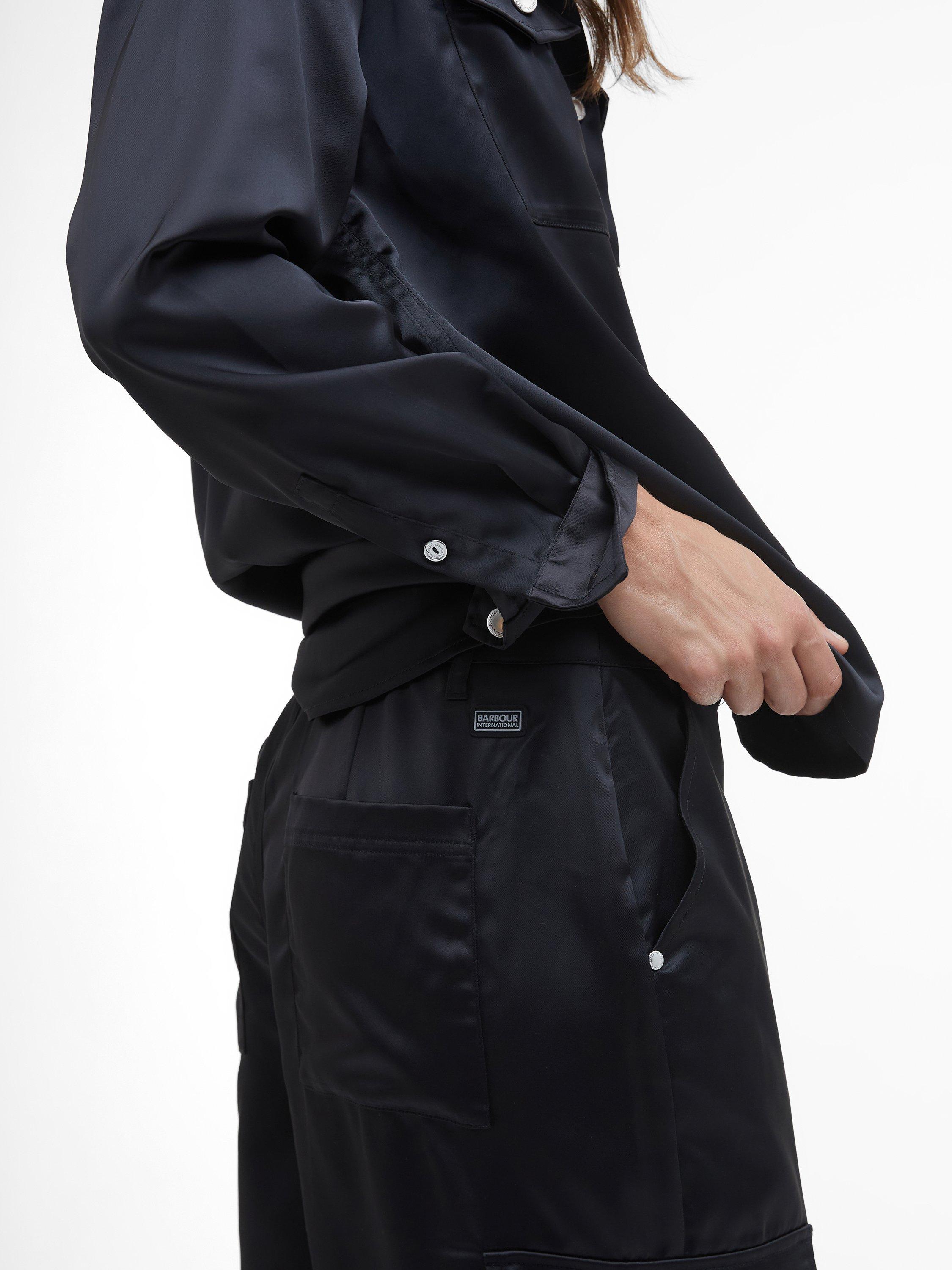 Product image 6 of 6, which shows Barbour International Kaylee Wide Leg Satin Cargo Trousers, Black, 12