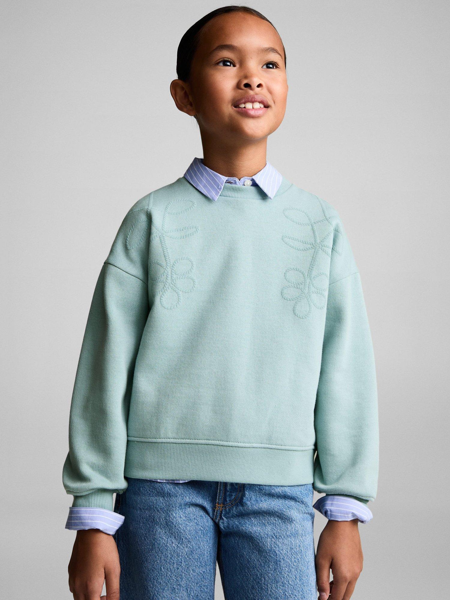Mango Kids' Knot Floral Embroidered Sweatshirt, Aqua