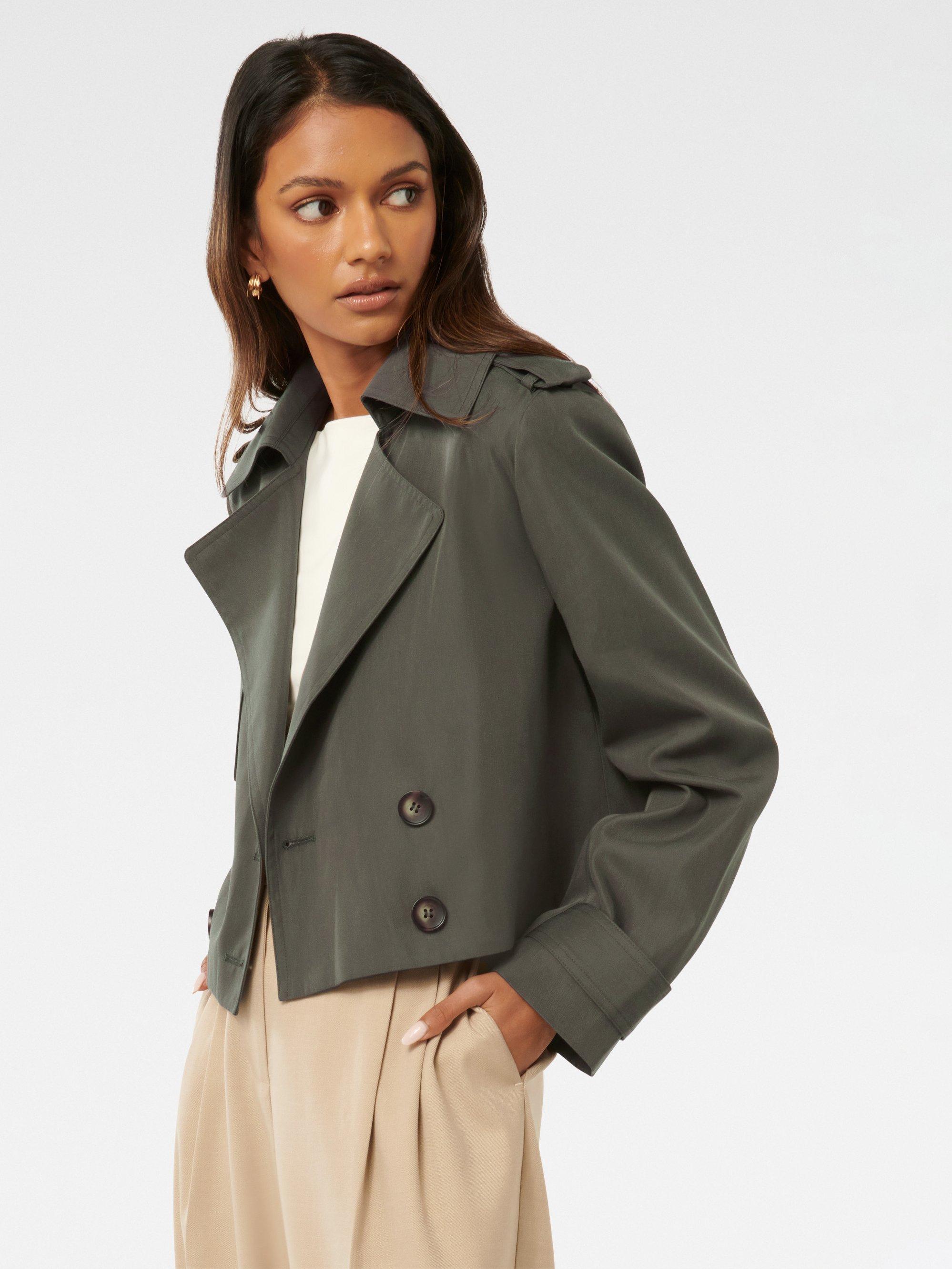 Product image 3 of 5, which shows Forever New Petite Ellie Crop Trench Coat, Green Fern, 4