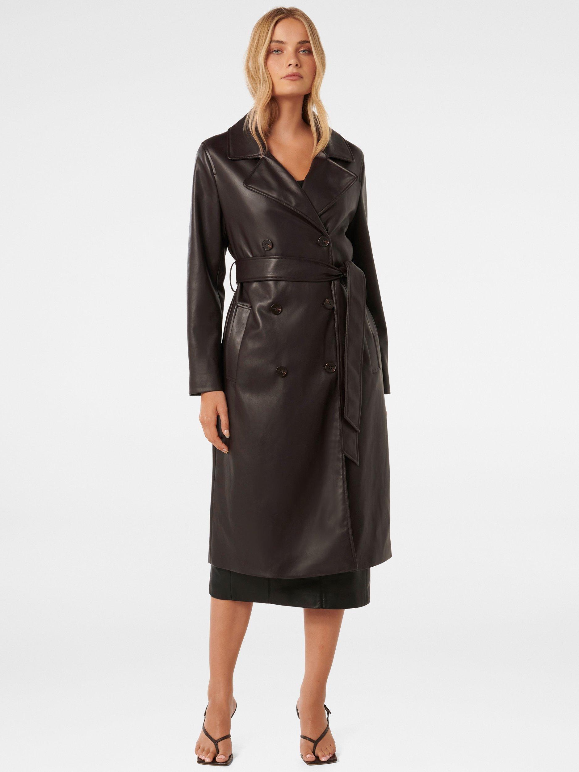 Product image 1 of 5, which shows Forever New Ronnie Faux Leather Trench Coat, Chocolate, 4