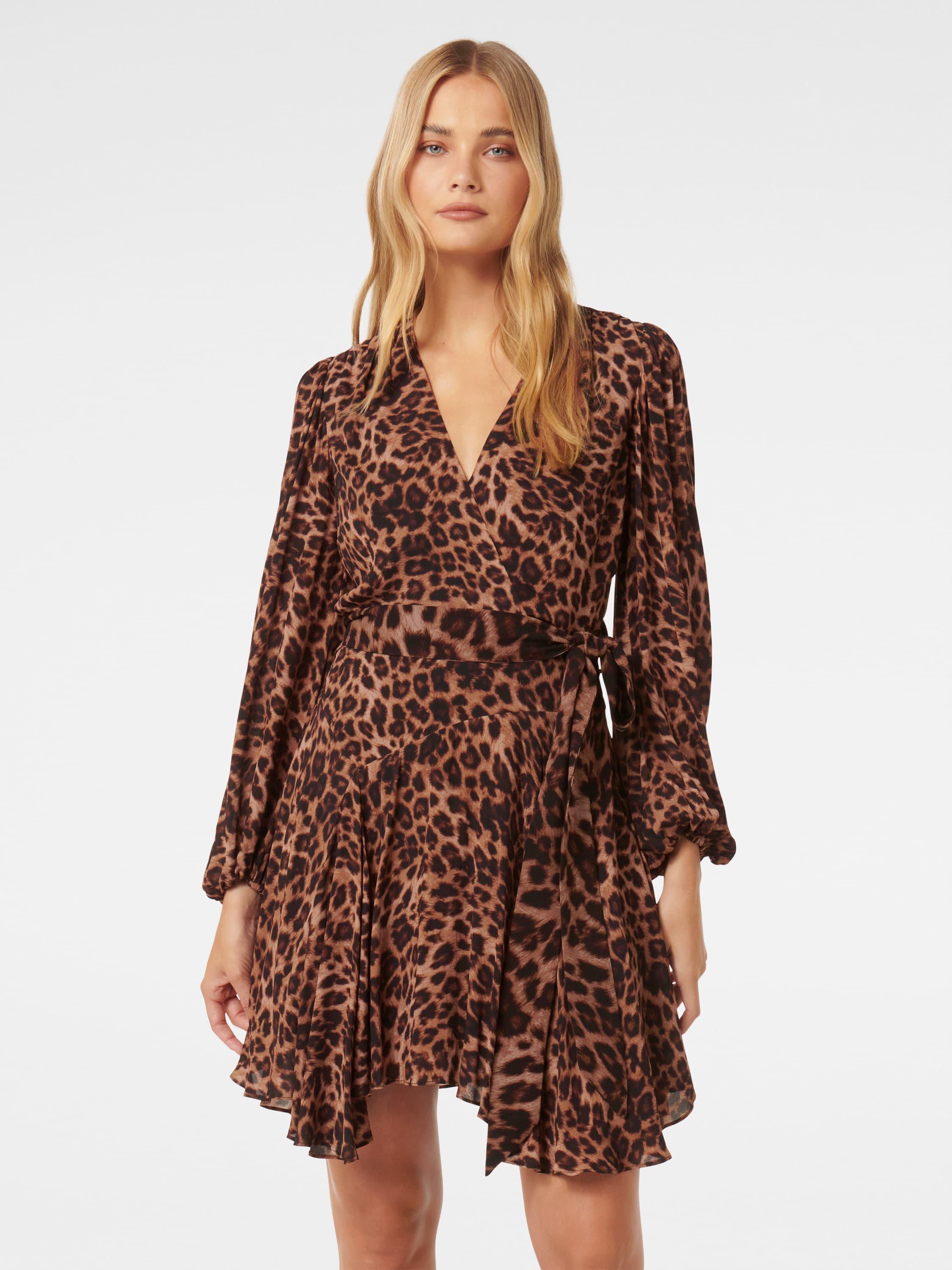 Product image 1 of 5, which shows Forever New Amila Leopard Print Godet Mini Dress, Brown, 4