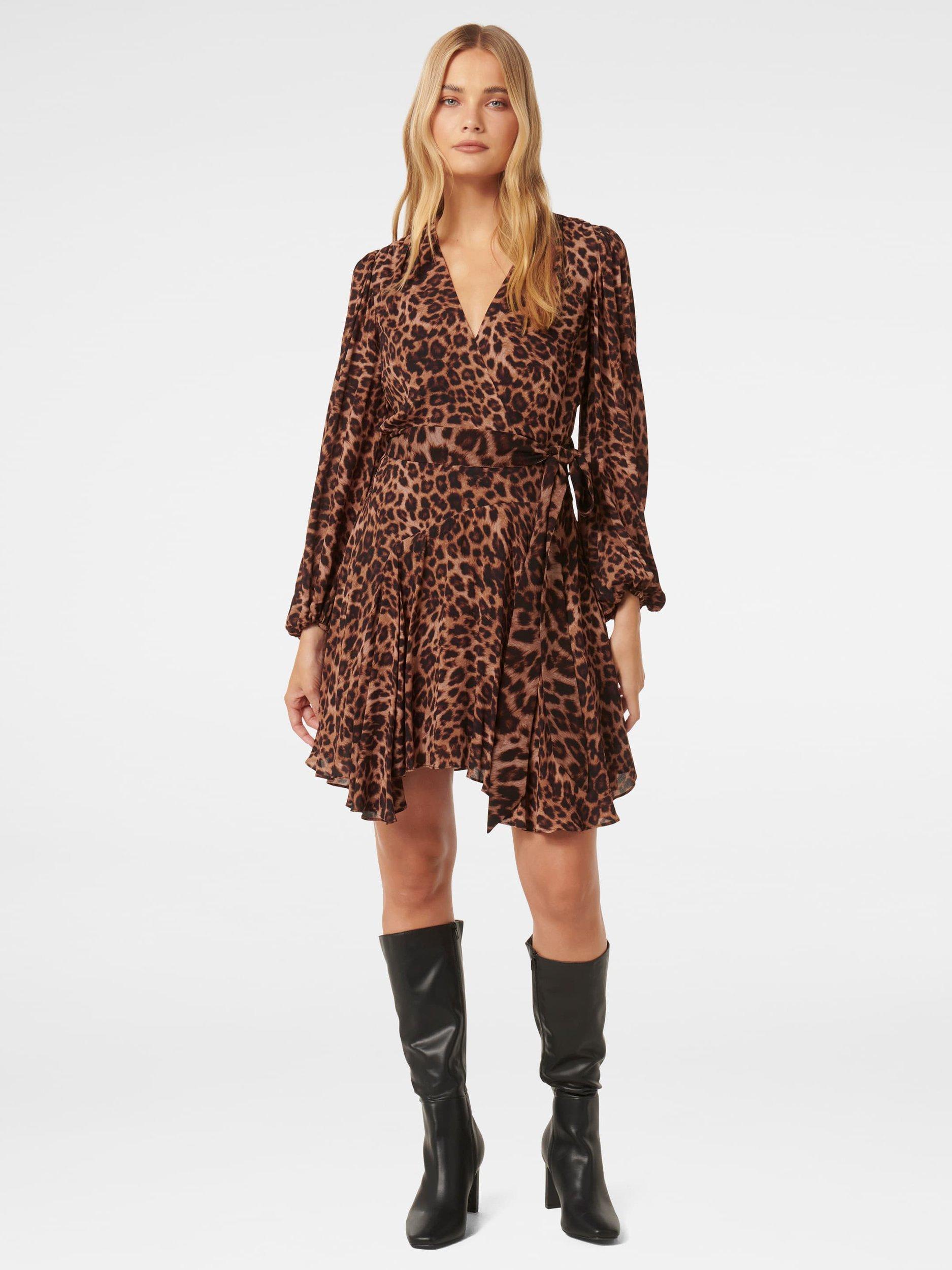 Product image 5 of 5, which shows Forever New Amila Leopard Print Godet Mini Dress, Brown, 4