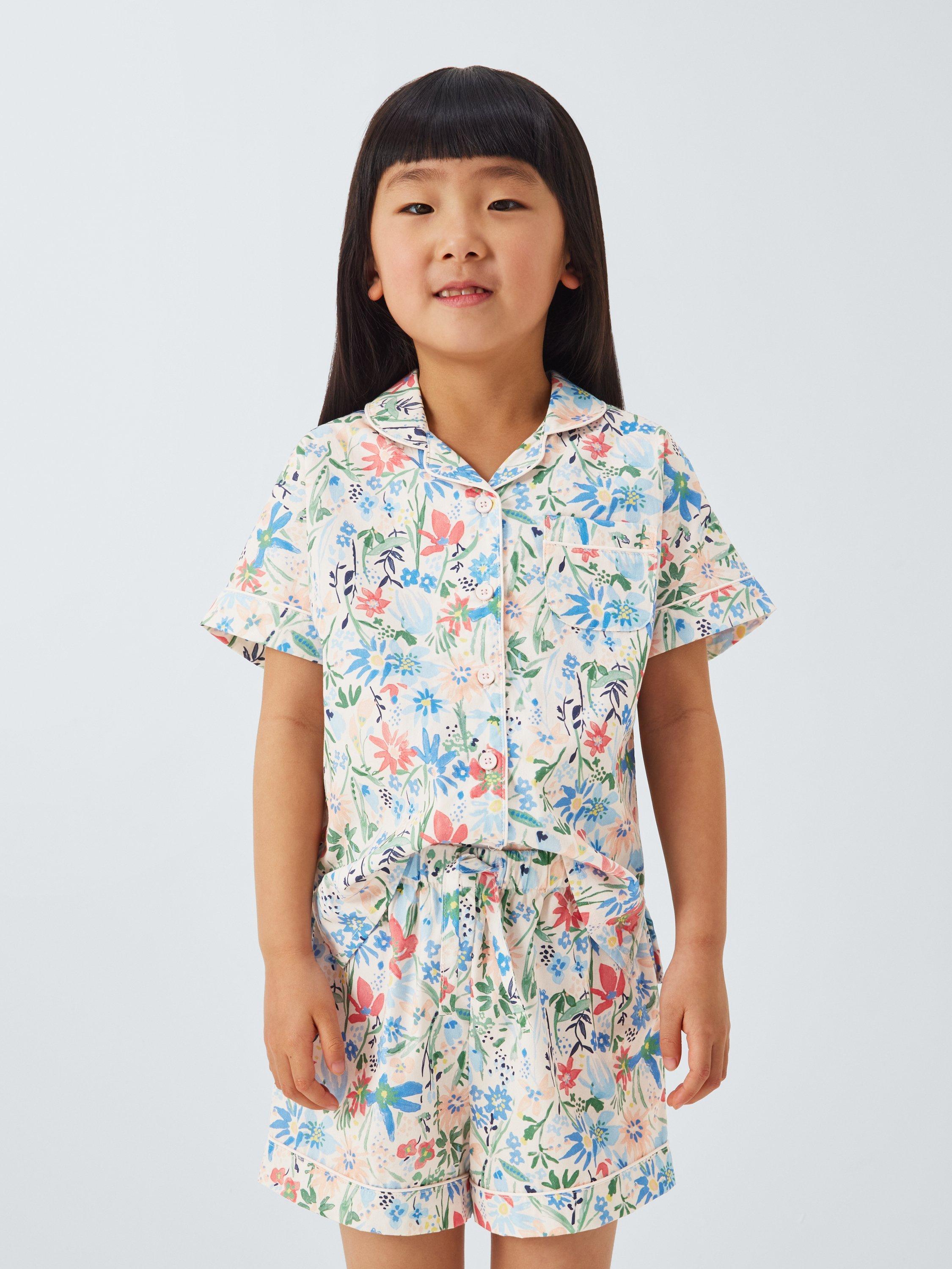 Product image 1 of 7, which shows John Lewis Kids' Floral Woven Short Pyjamas, Pink, 2 years