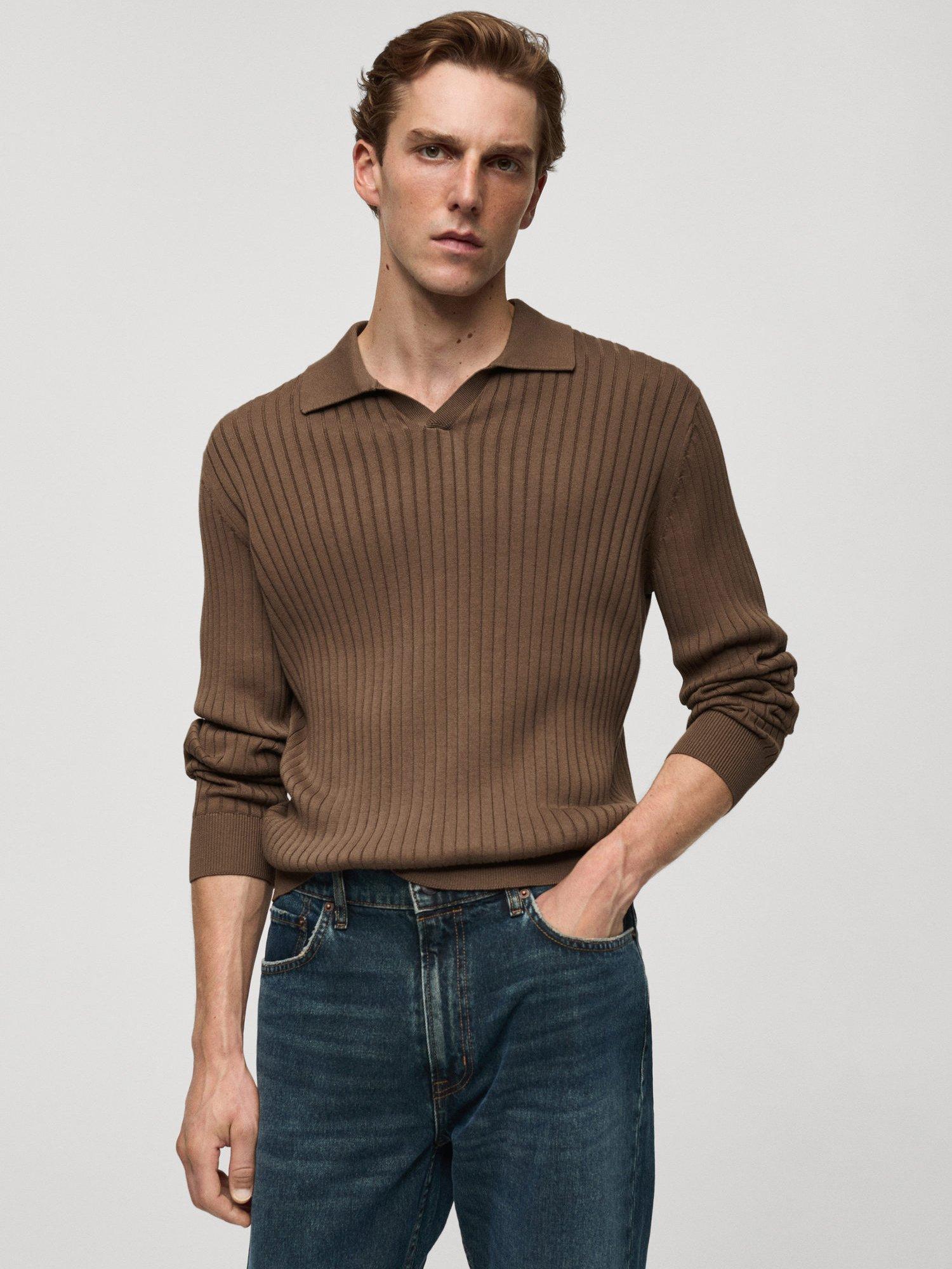 Mango Taurus Cotton Ribbed Collar Jumper, Medium Grey
