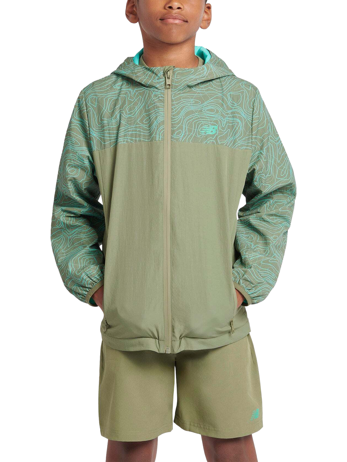 Product image 1 of 10, which shows New Balance Kids' Printed Woven Jacket, Dark Olivine, 7-8 years