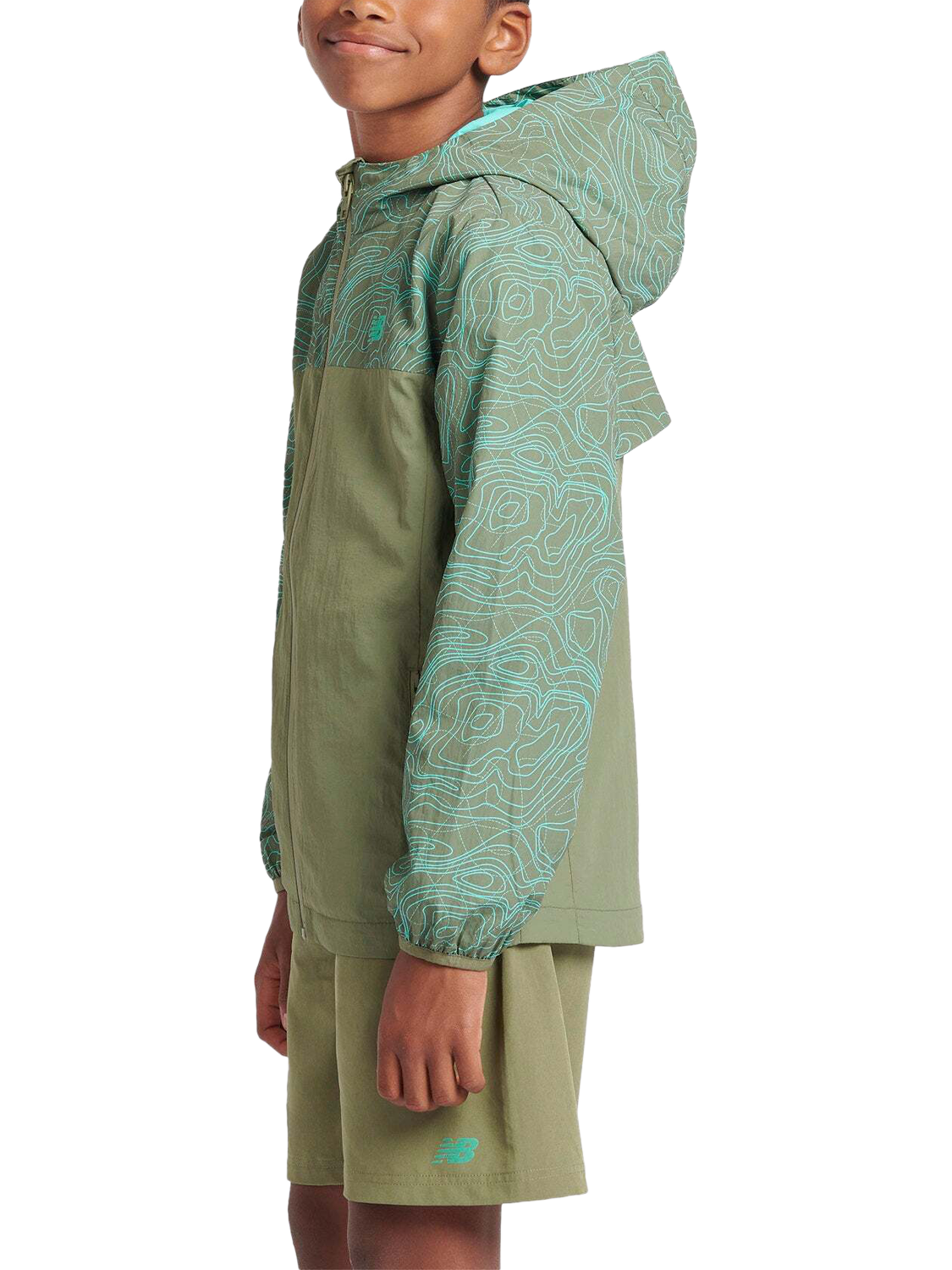 Product image 2 of 10, which shows New Balance Kids' Printed Woven Jacket, Dark Olivine, 7-8 years