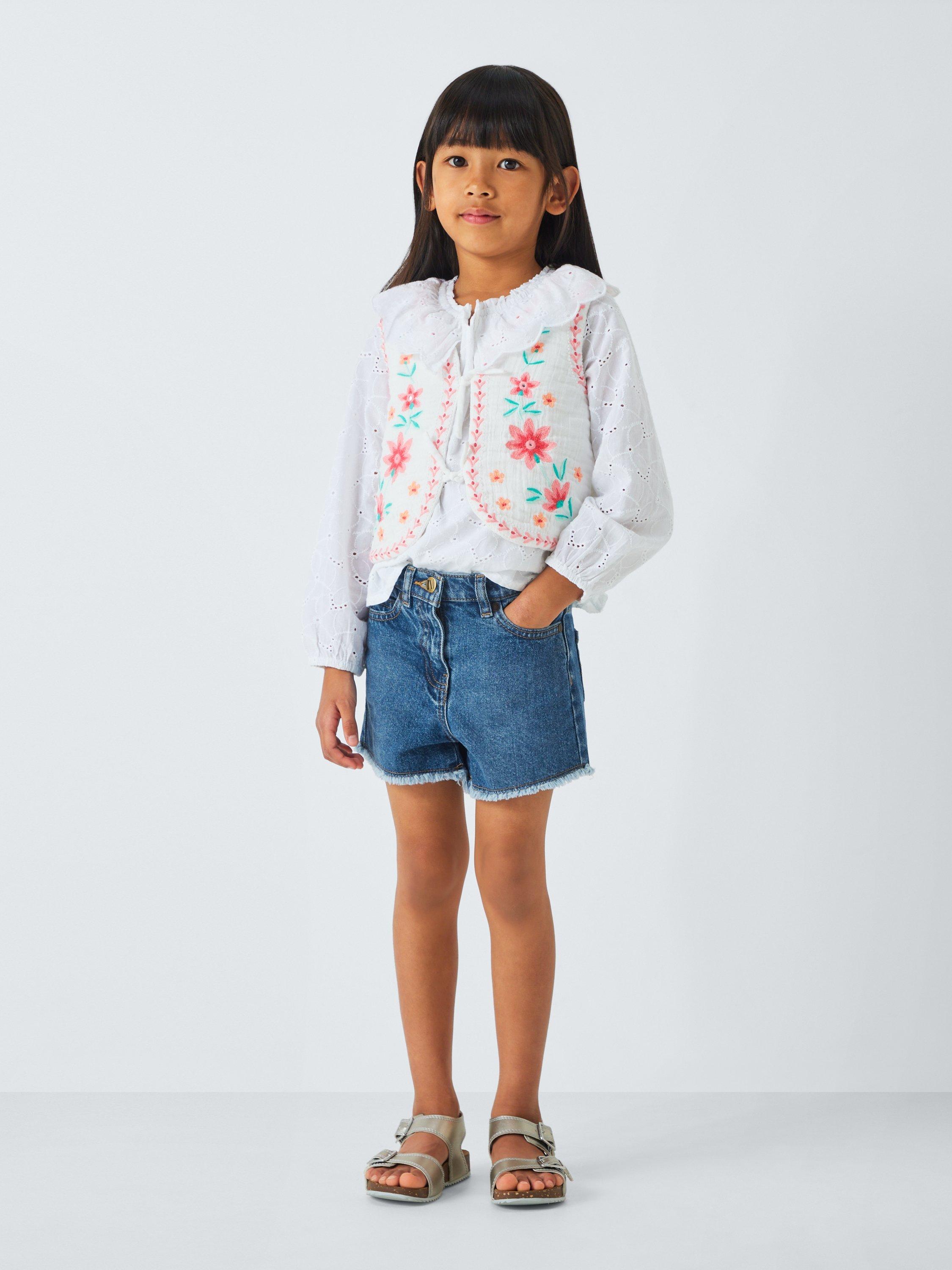 Product image 2 of 7, which shows John Lewis Girl's Frayed Hem Denim Shorts, Light Denim, 2 years