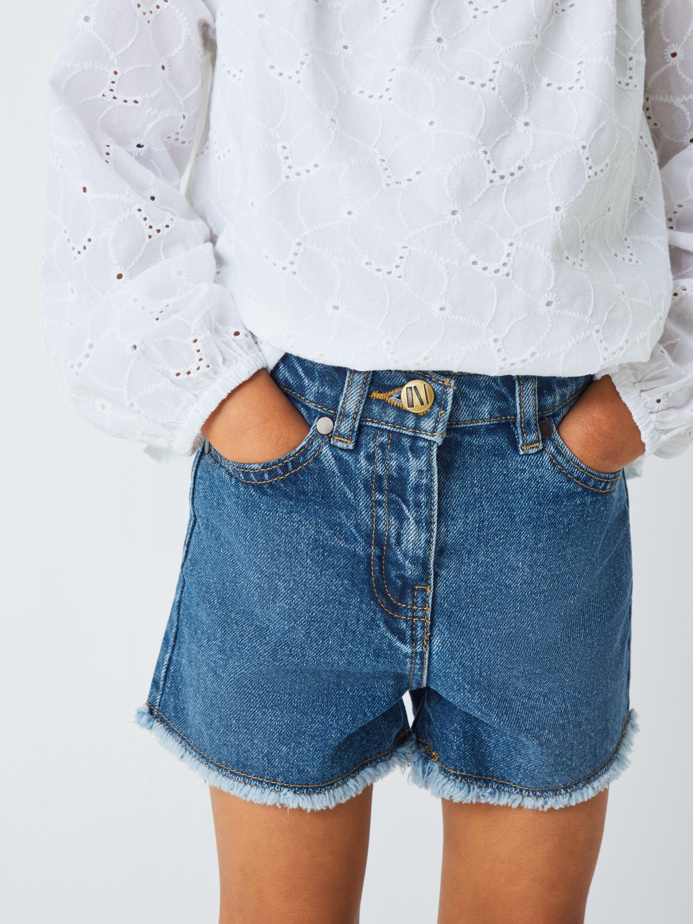 Product image 4 of 7, which shows John Lewis Girl's Frayed Hem Denim Shorts, Light Denim, 2 years