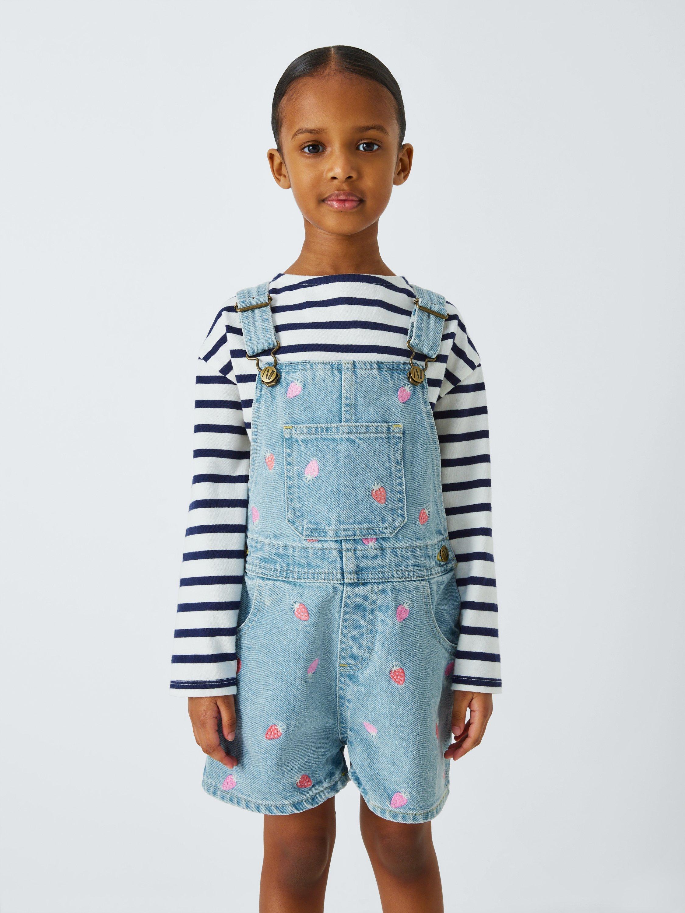 Product image 1 of 7, which shows John Lewis Kids' Embroidered Strawberry Short Dungarees, Light Denim Stripe, 2 years
