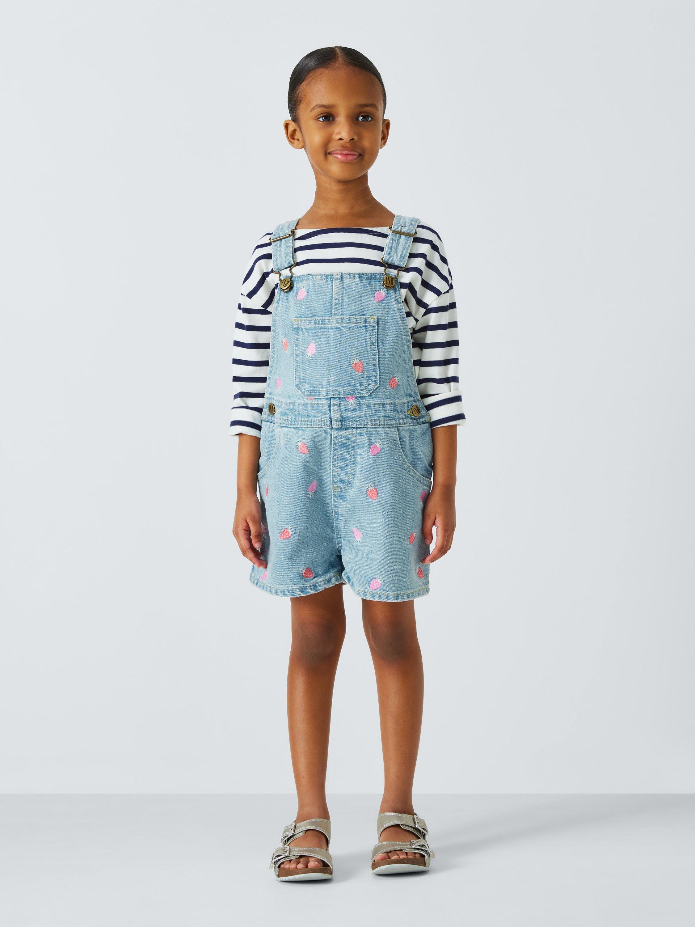 Product image 2 of 7, which shows John Lewis Kids' Embroidered Strawberry Short Dungarees, Light Denim Stripe, 2 years