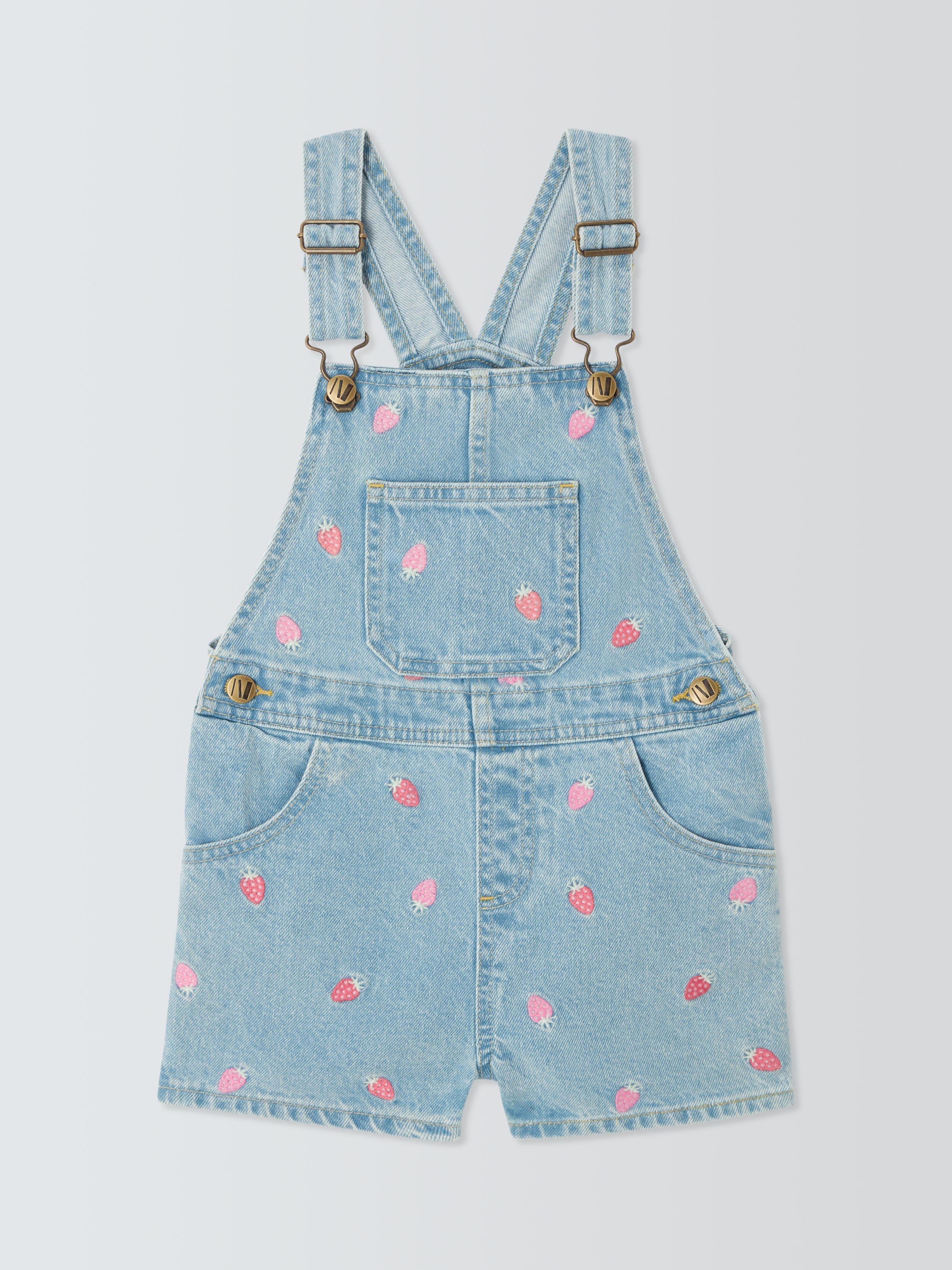Product image 3 of 7, which shows John Lewis Kids' Embroidered Strawberry Short Dungarees, Light Denim Stripe, 2 years