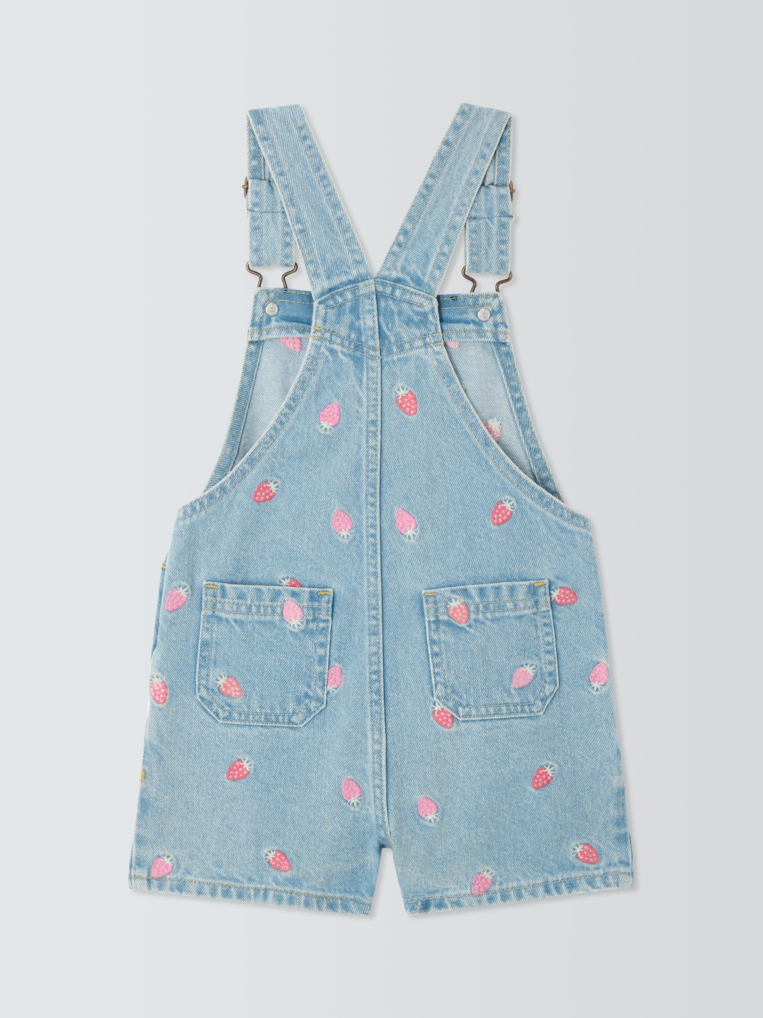 Product image 4 of 7, which shows John Lewis Kids' Embroidered Strawberry Short Dungarees, Light Denim Stripe, 2 years