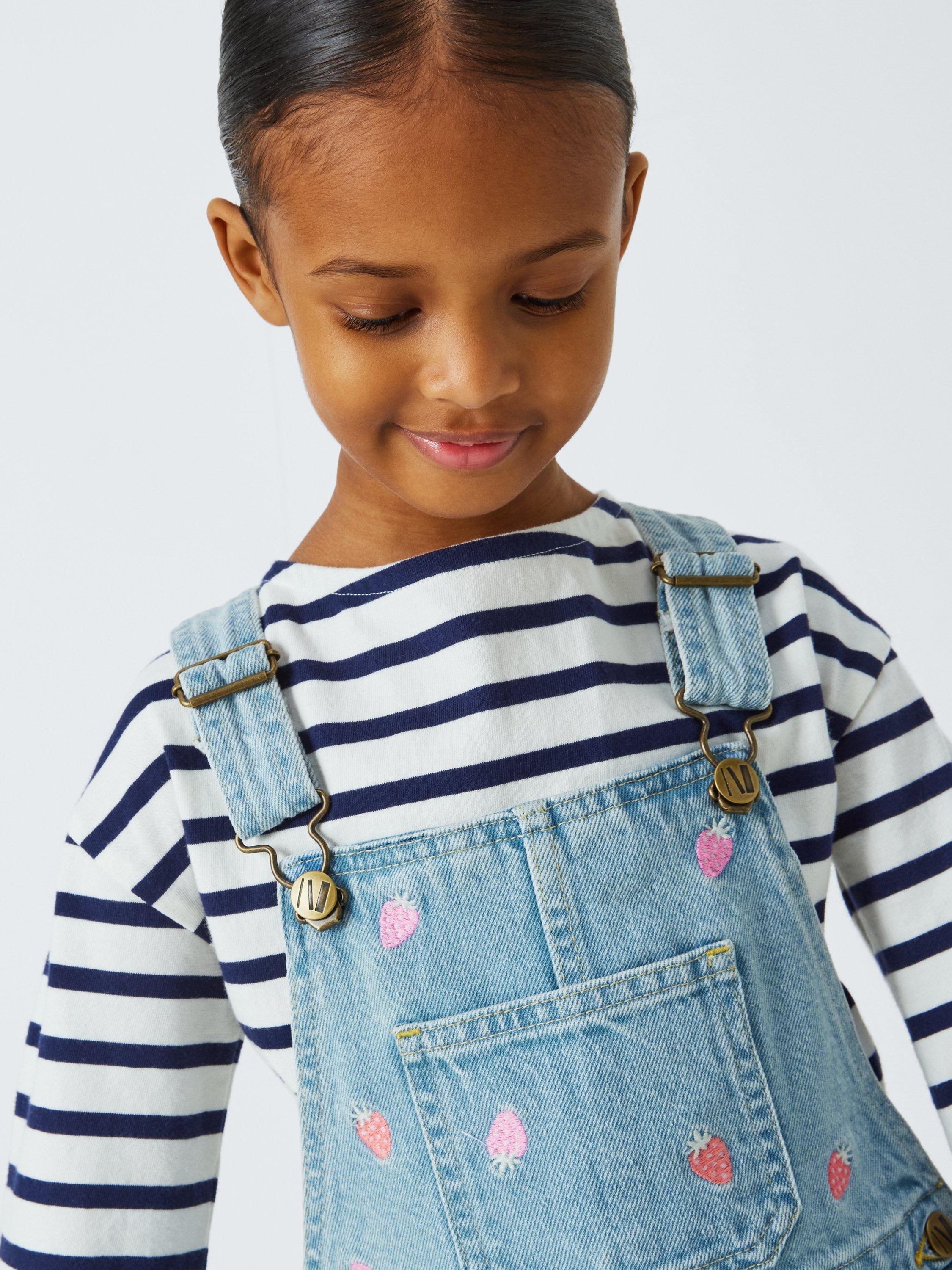 Product image 7 of 7, which shows John Lewis Kids' Embroidered Strawberry Short Dungarees, Light Denim Stripe, 2 years