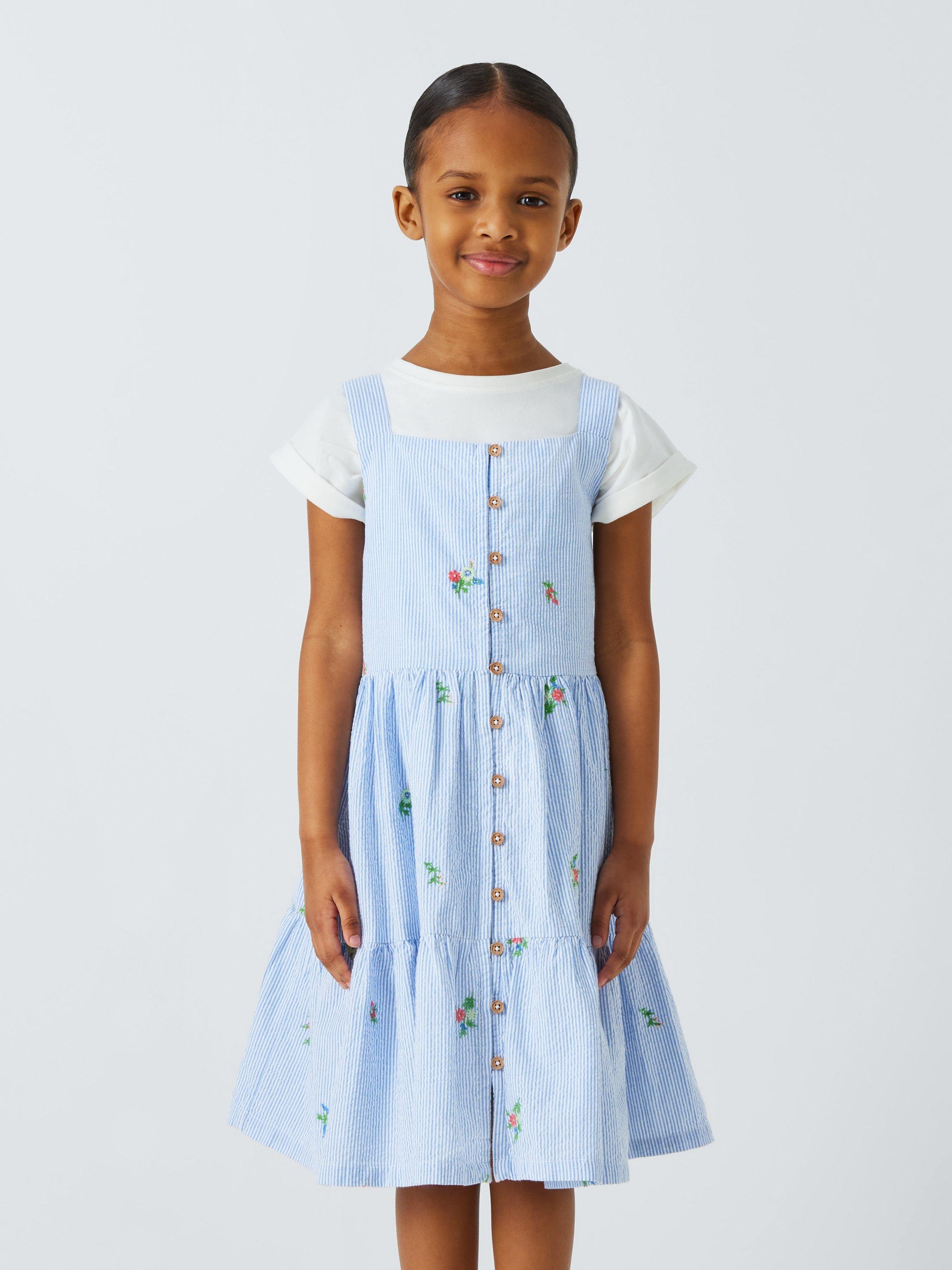 Product image 1 of 7, which shows John Lewis Kids' Embroidered Ticking Stripe Tiered Dress, Blue, 2 years