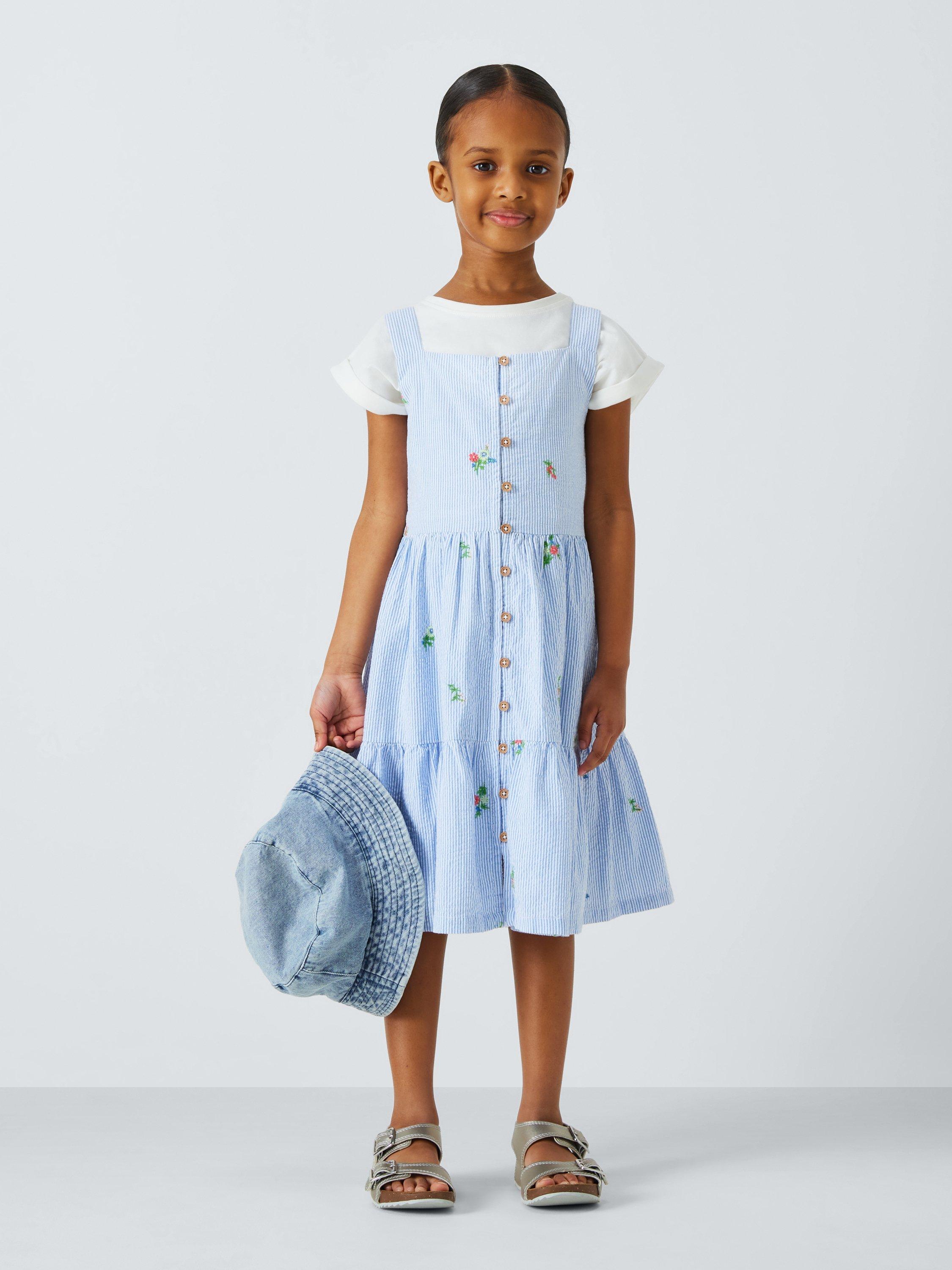 Product image 2 of 7, which shows John Lewis Kids' Embroidered Ticking Stripe Tiered Dress, Blue, 2 years