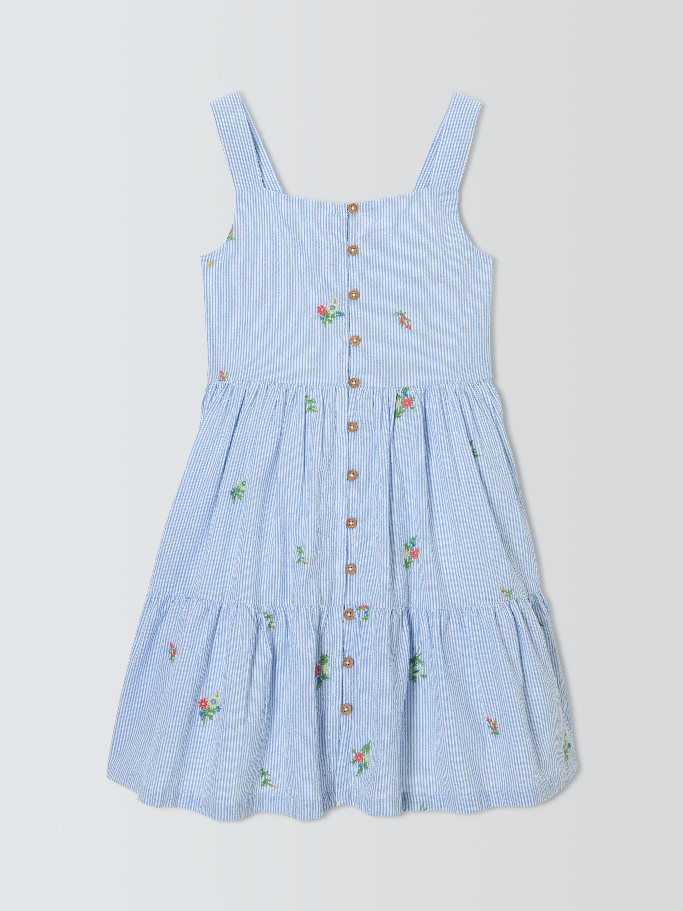 Product image 3 of 7, which shows John Lewis Kids' Embroidered Ticking Stripe Tiered Dress, Blue, 2 years