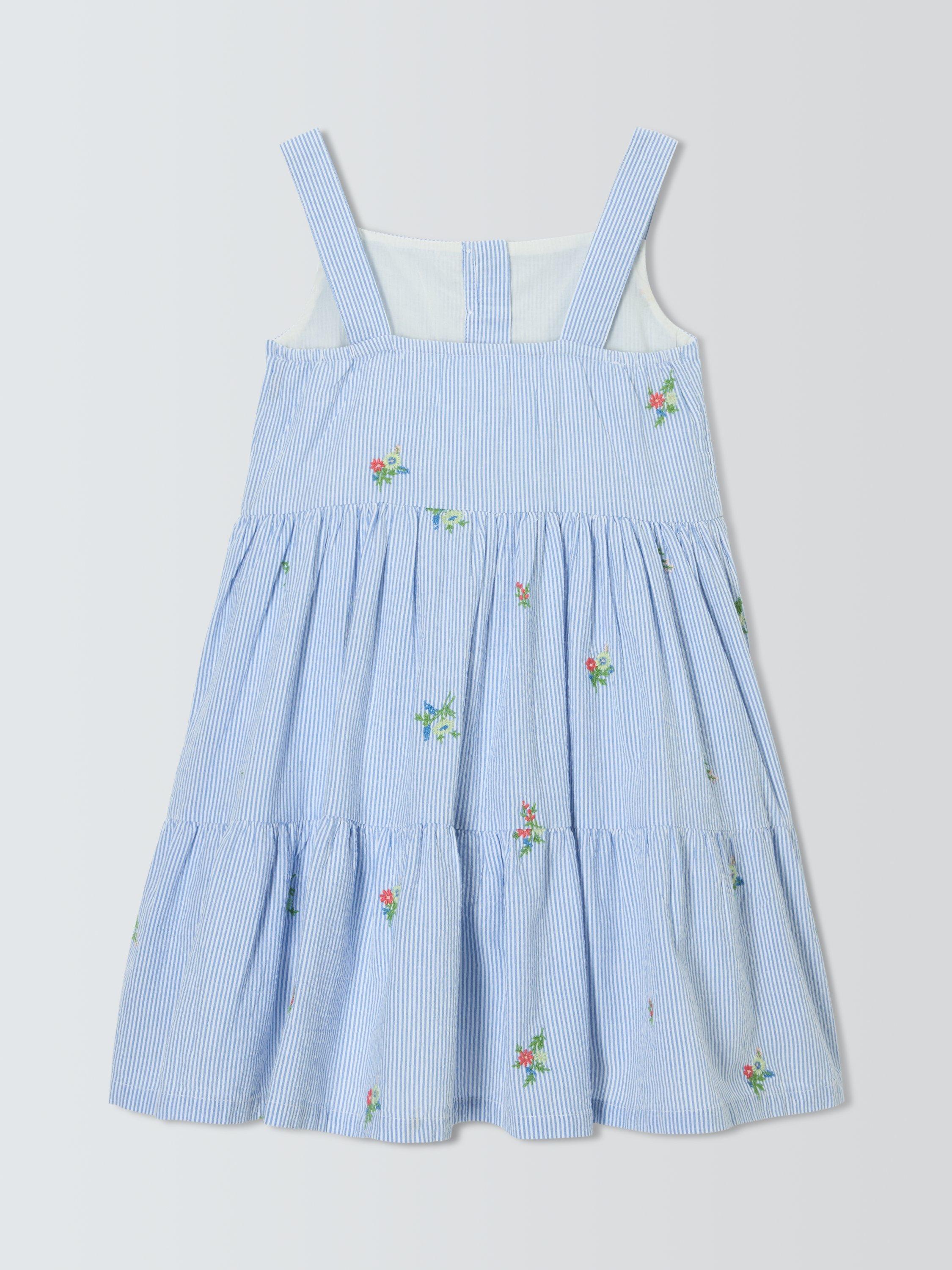 Product image 6 of 7, which shows John Lewis Kids' Embroidered Ticking Stripe Tiered Dress, Blue, 2 years