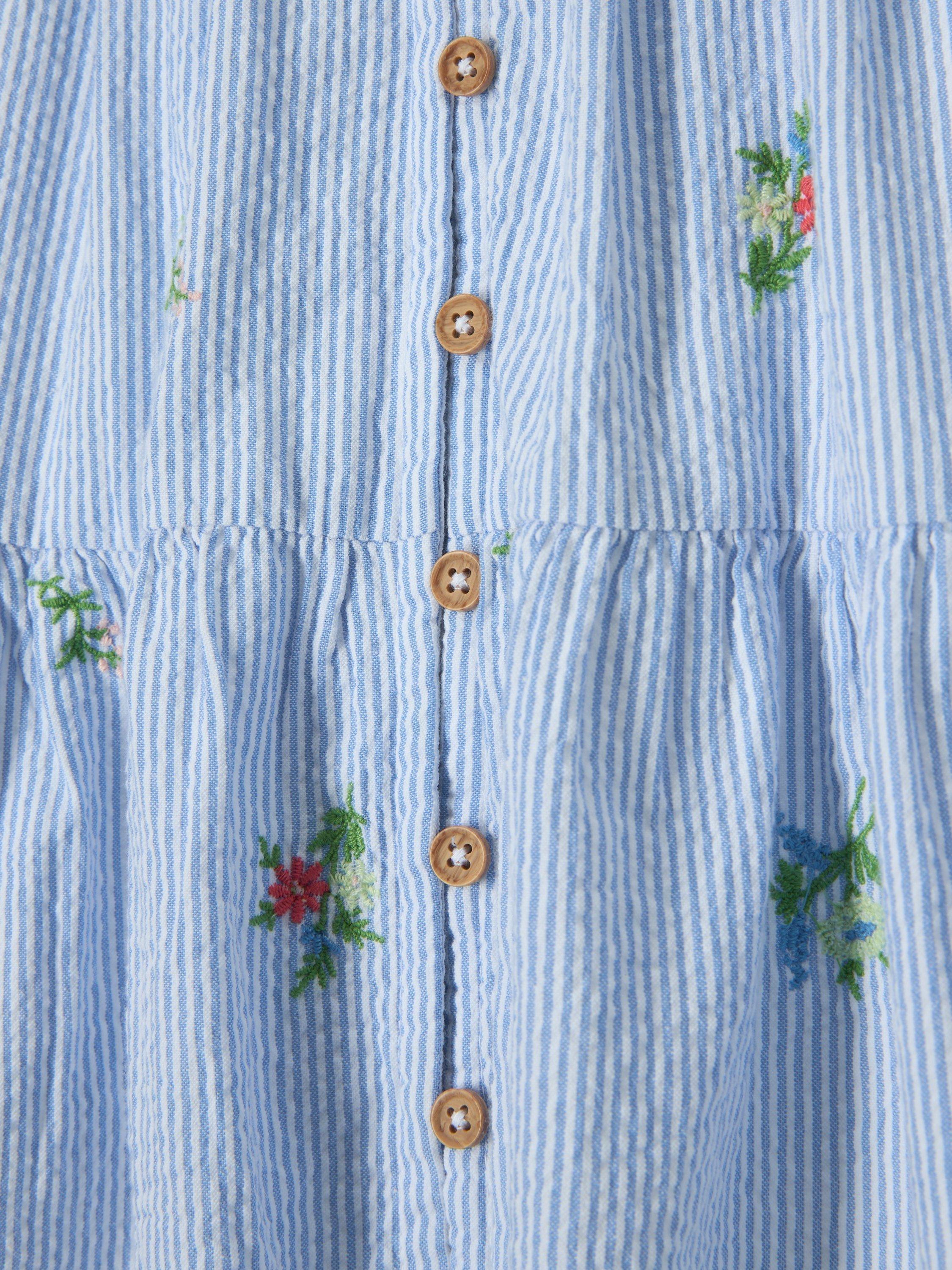 Product image 7 of 7, which shows John Lewis Kids' Embroidered Ticking Stripe Tiered Dress, Blue, 2 years