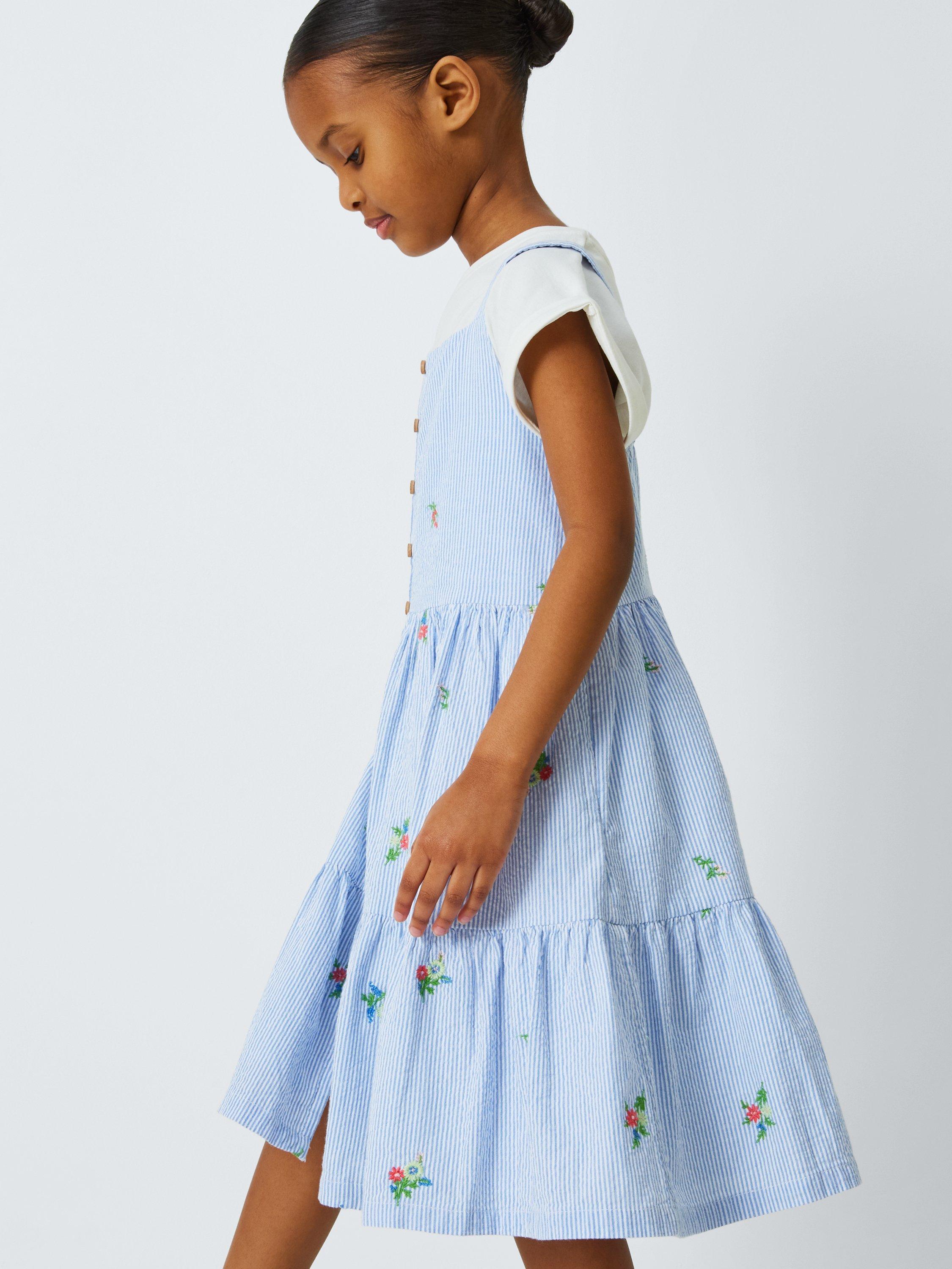 Product image 4 of 7, which shows John Lewis Kids' Embroidered Ticking Stripe Tiered Dress, Blue, 2 years