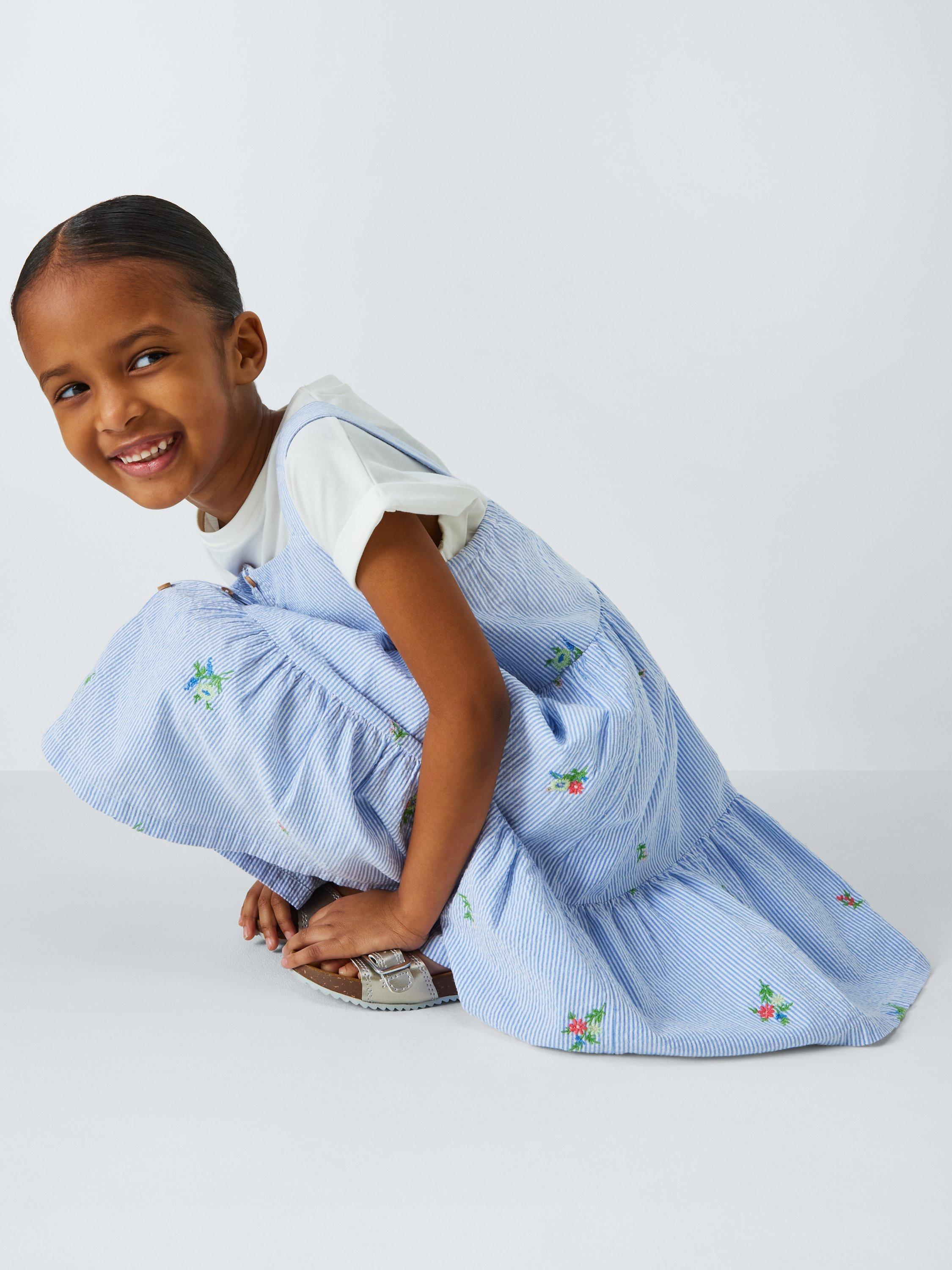 Product image 5 of 7, which shows John Lewis Kids' Embroidered Ticking Stripe Tiered Dress, Blue, 2 years