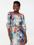 Closet London Metallic Brushstroke Print Puff Sleeve Dress, Blue/Multi